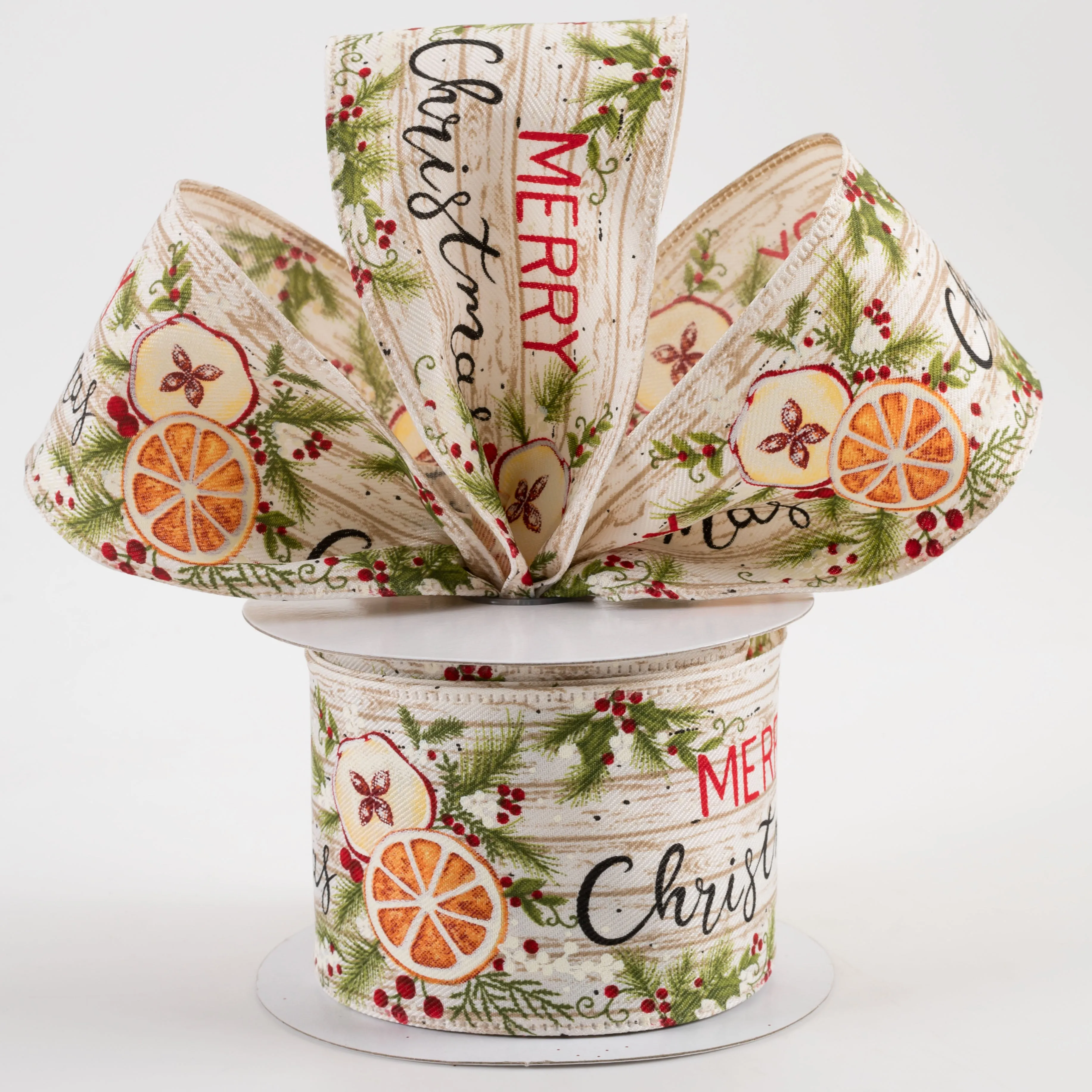 2.5" Satin Merry Christmas Dried Fruit Ribbon: Natural Bark (10 Yards)