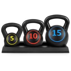 3-Piece Kettlebell Exercise Fitness Weights Set w/ Base Rack - Black