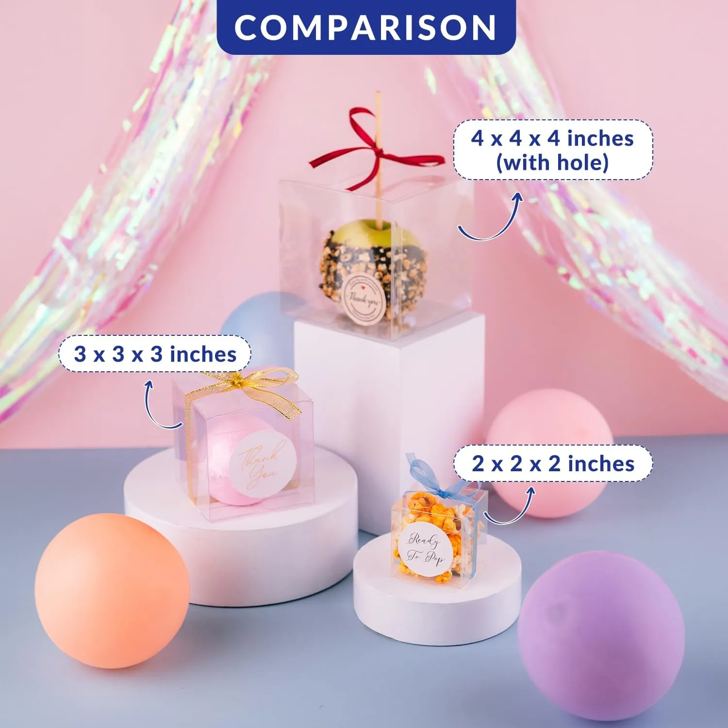 4x4x4 inches Clear Boxes for Gifts (50 Pack) - Candy Apple Boxes with Hole, Clear Gift Box for Treats and Party Favors, Plastic Gift Box