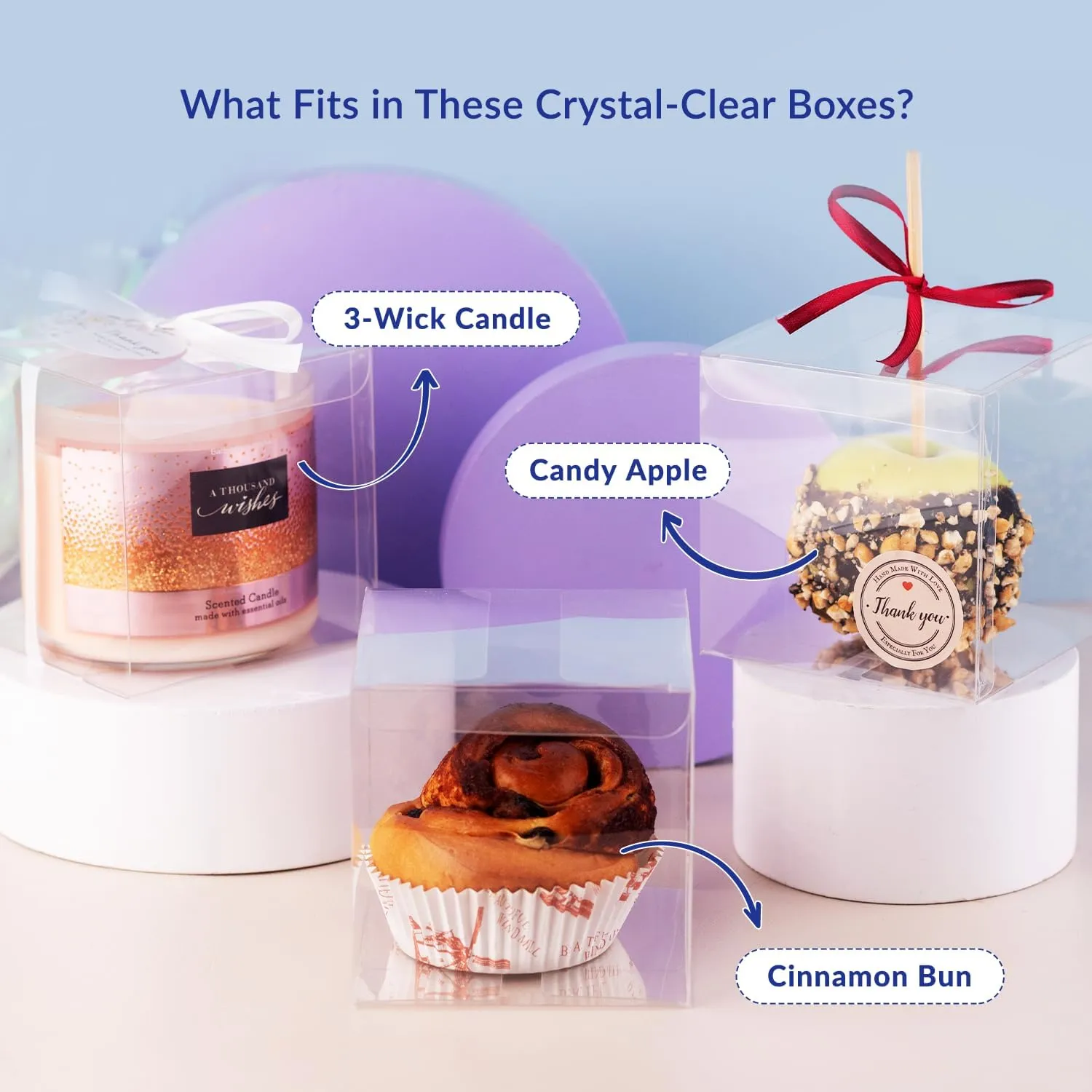 4x4x4 inches Clear Boxes for Gifts (50 Pack) - Candy Apple Boxes with Hole, Clear Gift Box for Treats and Party Favors, Plastic Gift Box