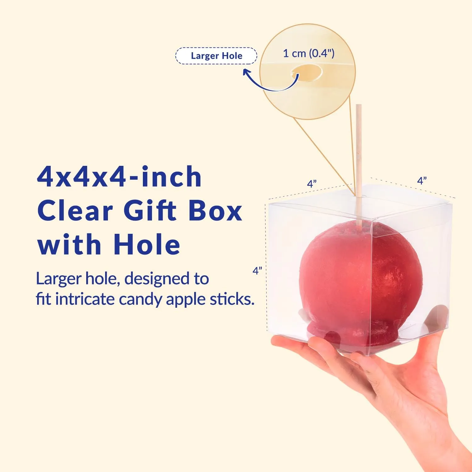 4x4x4 inches Clear Boxes for Gifts (50 Pack) - Candy Apple Boxes with Hole, Clear Gift Box for Treats and Party Favors, Plastic Gift Box