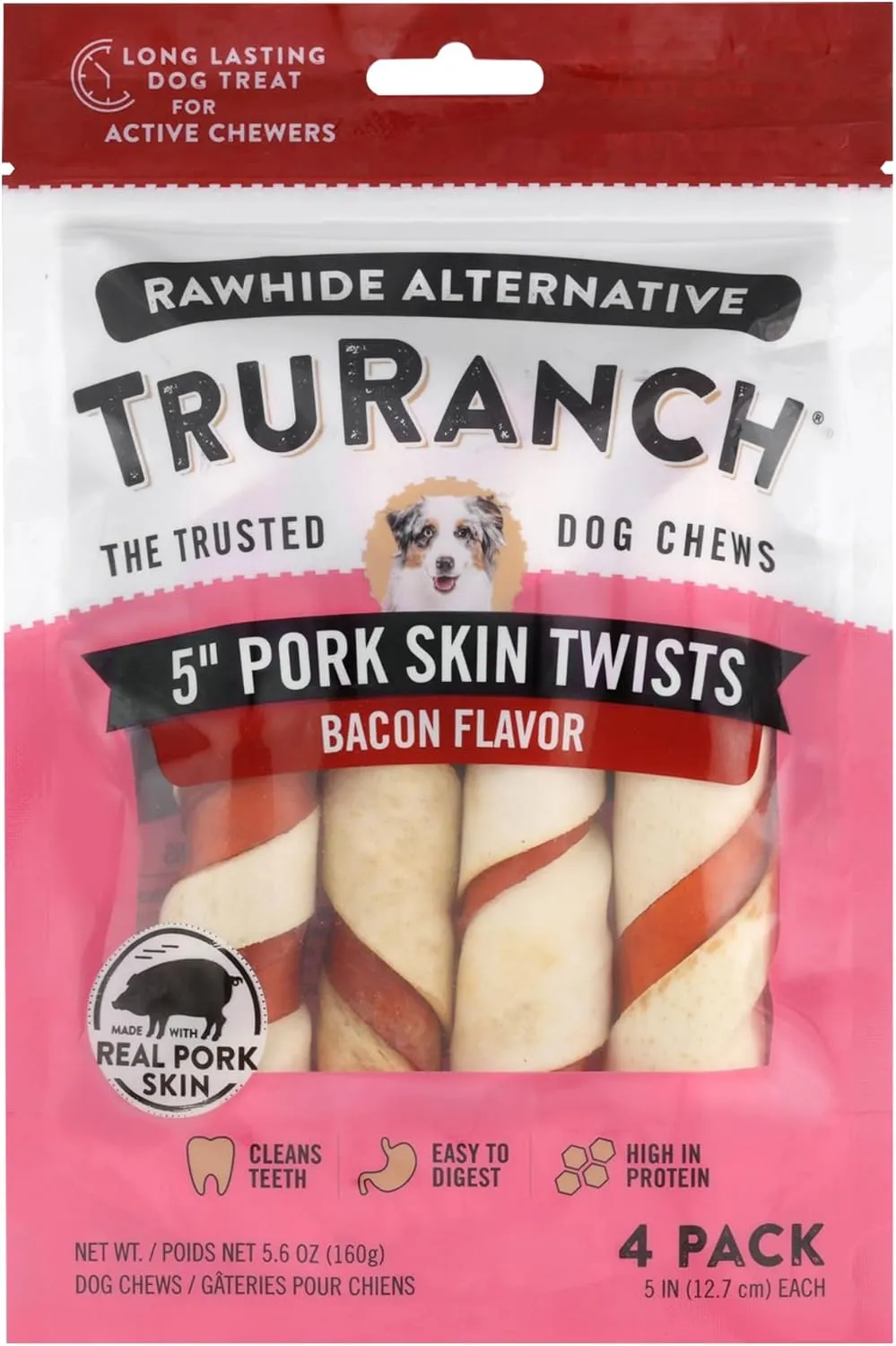 5" Medium Pork Skin Twists - Collagen Chews for Dogs - Bacon Flavor - Made with Real Pork Skin - Rawhide Alternative - Limited Ingredient - Easy to Digest Treat, 1 Bag, 9 Count