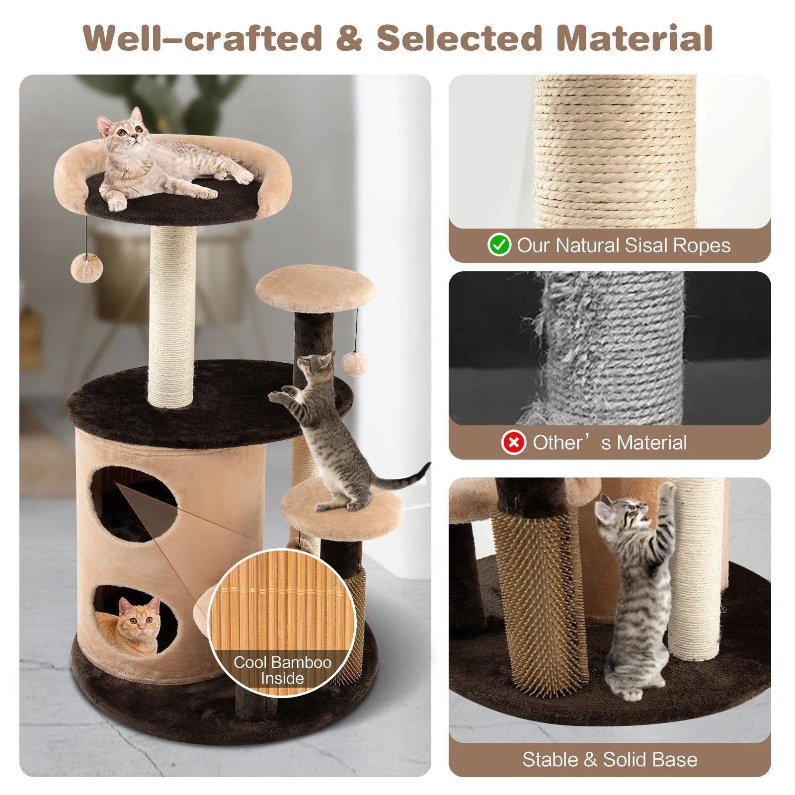 6-Tier Cat Tree Tower with Scratching Posts and Cat Self Groomer-Coffee
