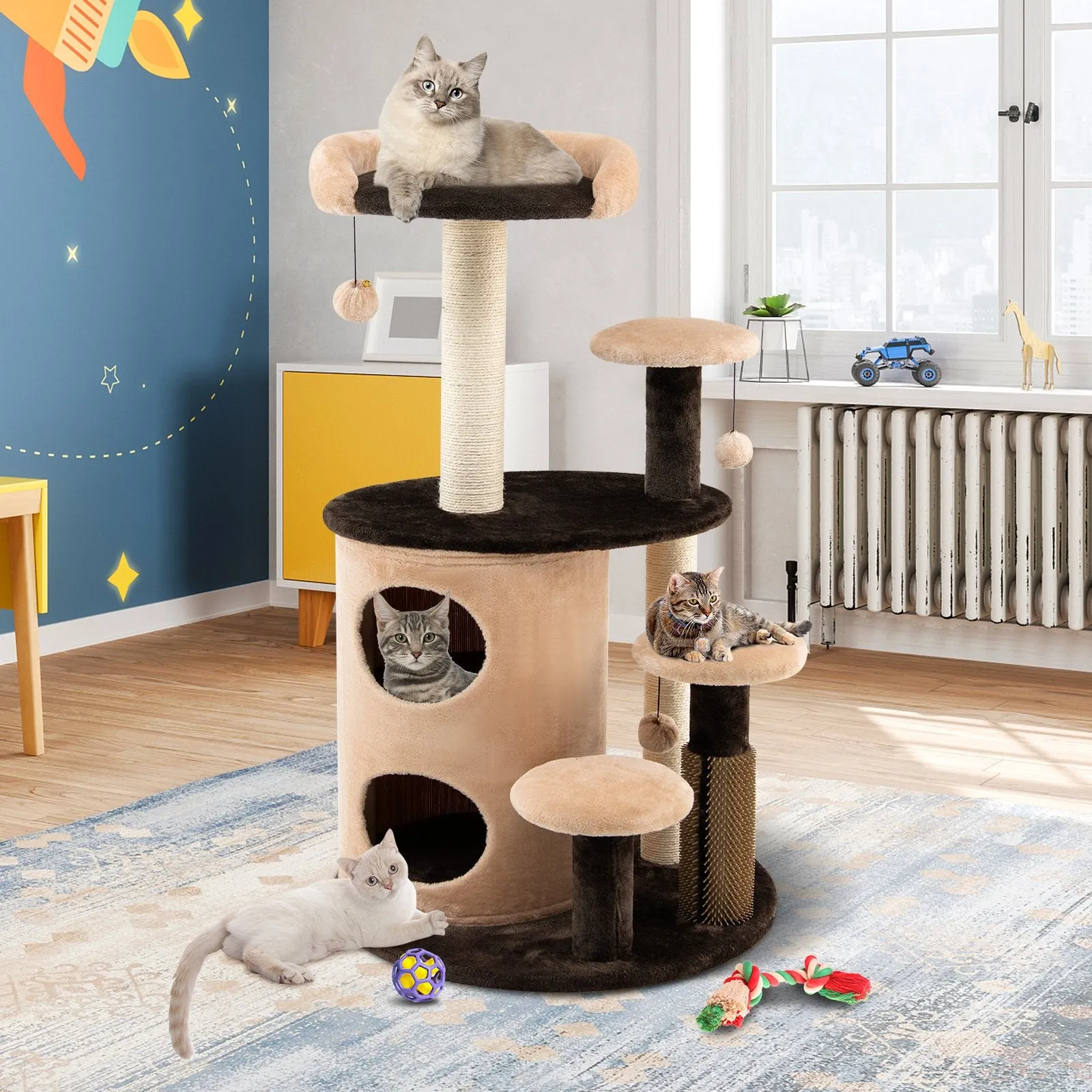 6-Tier Cat Tree Tower with Scratching Posts and Cat Self Groomer-Coffee