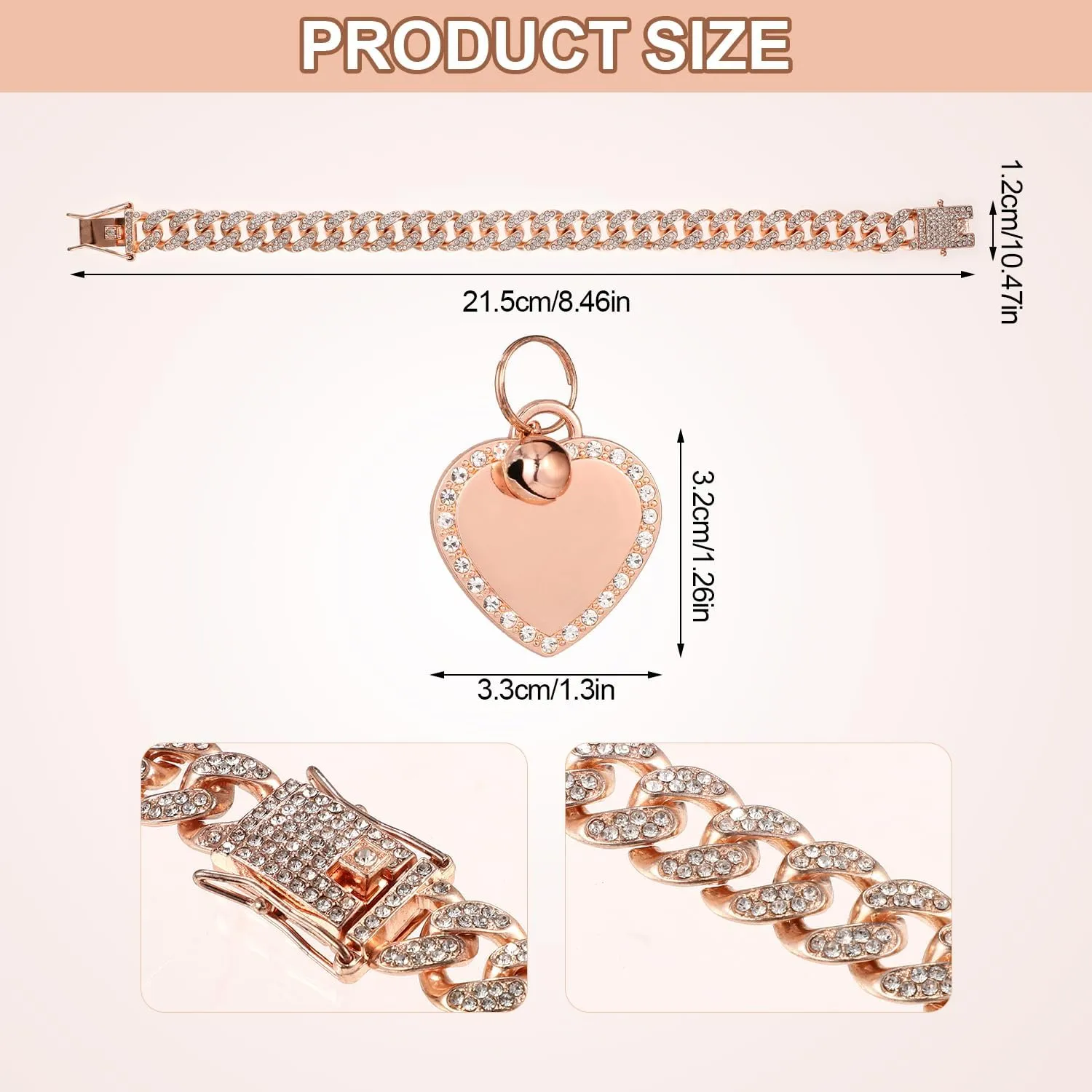 7.87 Inch Dog Chain Collar, Rose Gold Diamond Collar Necklace with Heart Shape Dog Tag Rhinestones Heart Bling Dog Collar Pet ID Tag Chain for Small Medium Large Dogs Cats