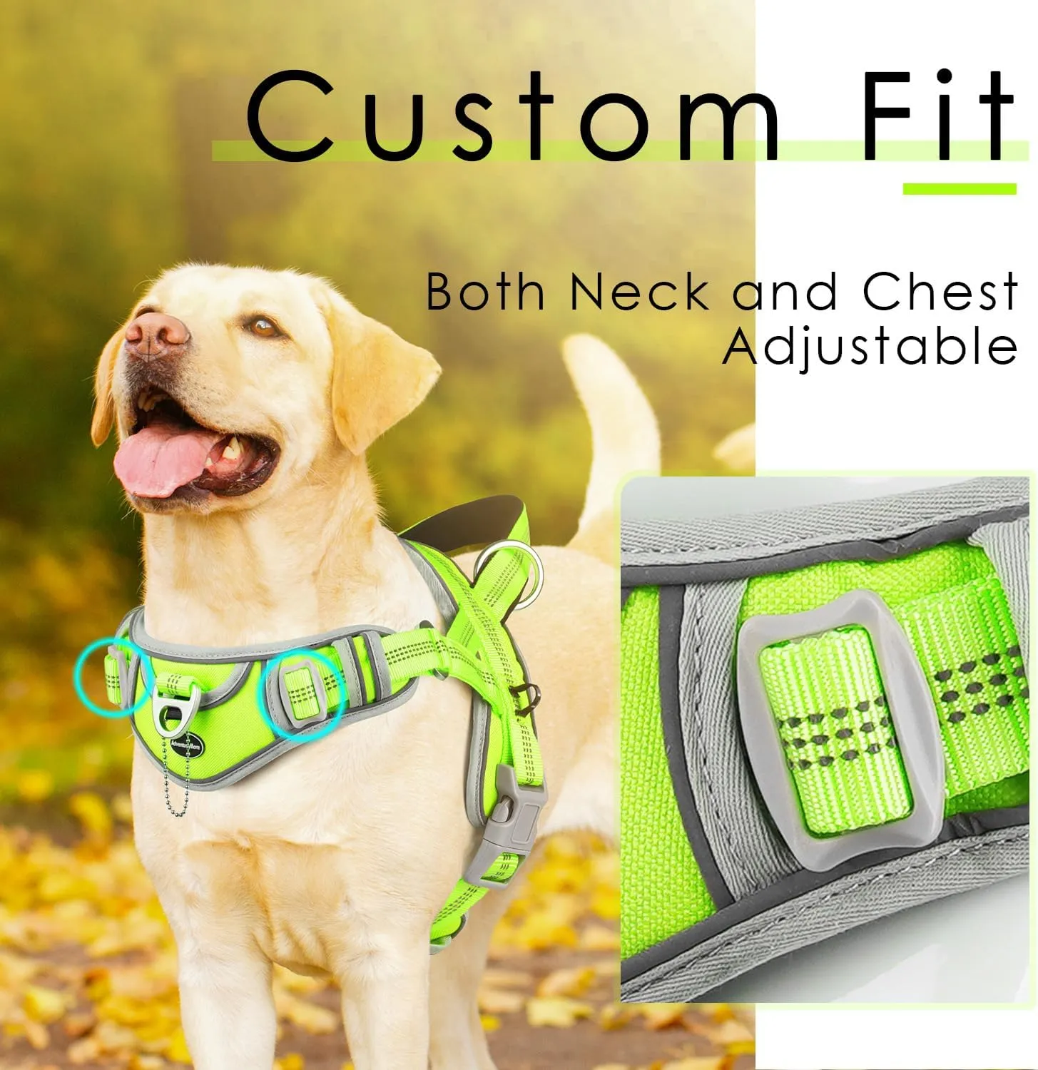 ADVENTUREMORE No Pull Dog Harness for Large Dogs, Sport Dog Halter Harness Reflective Breathable Dog Vest Escape Proof Dog Harness with Easy Control Front Clip Handle for Training Walking L Green