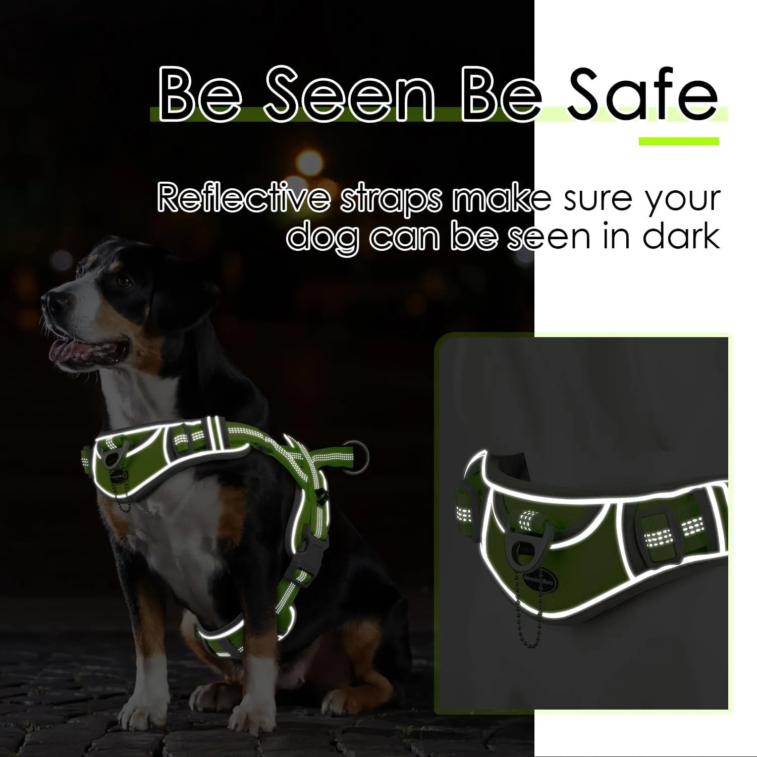 ADVENTUREMORE No Pull Dog Harness for Large Dogs, Sport Dog Halter Harness Reflective Breathable Dog Vest Escape Proof Dog Harness with Easy Control Front Clip Handle for Training Walking L Green
