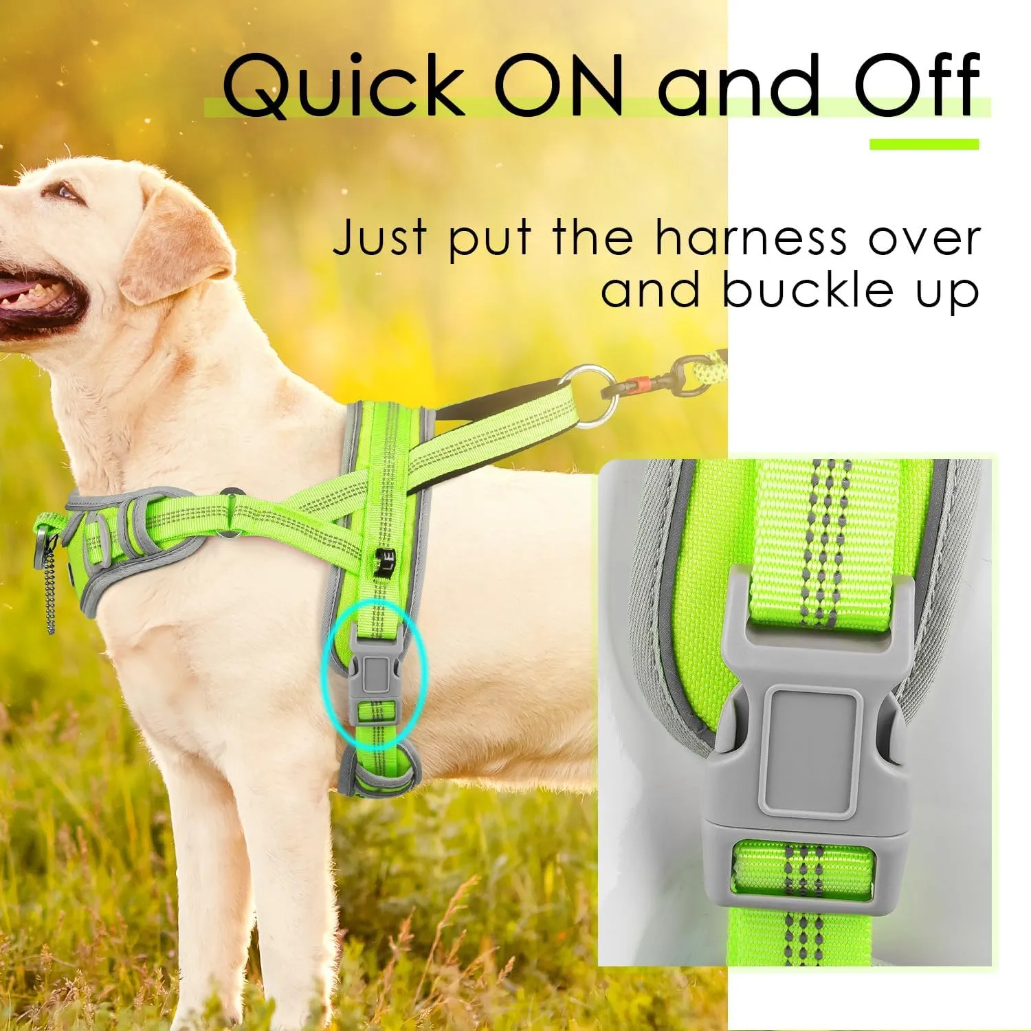 ADVENTUREMORE No Pull Dog Harness for Large Dogs, Sport Dog Halter Harness Reflective Breathable Dog Vest Escape Proof Dog Harness with Easy Control Front Clip Handle for Training Walking L Green