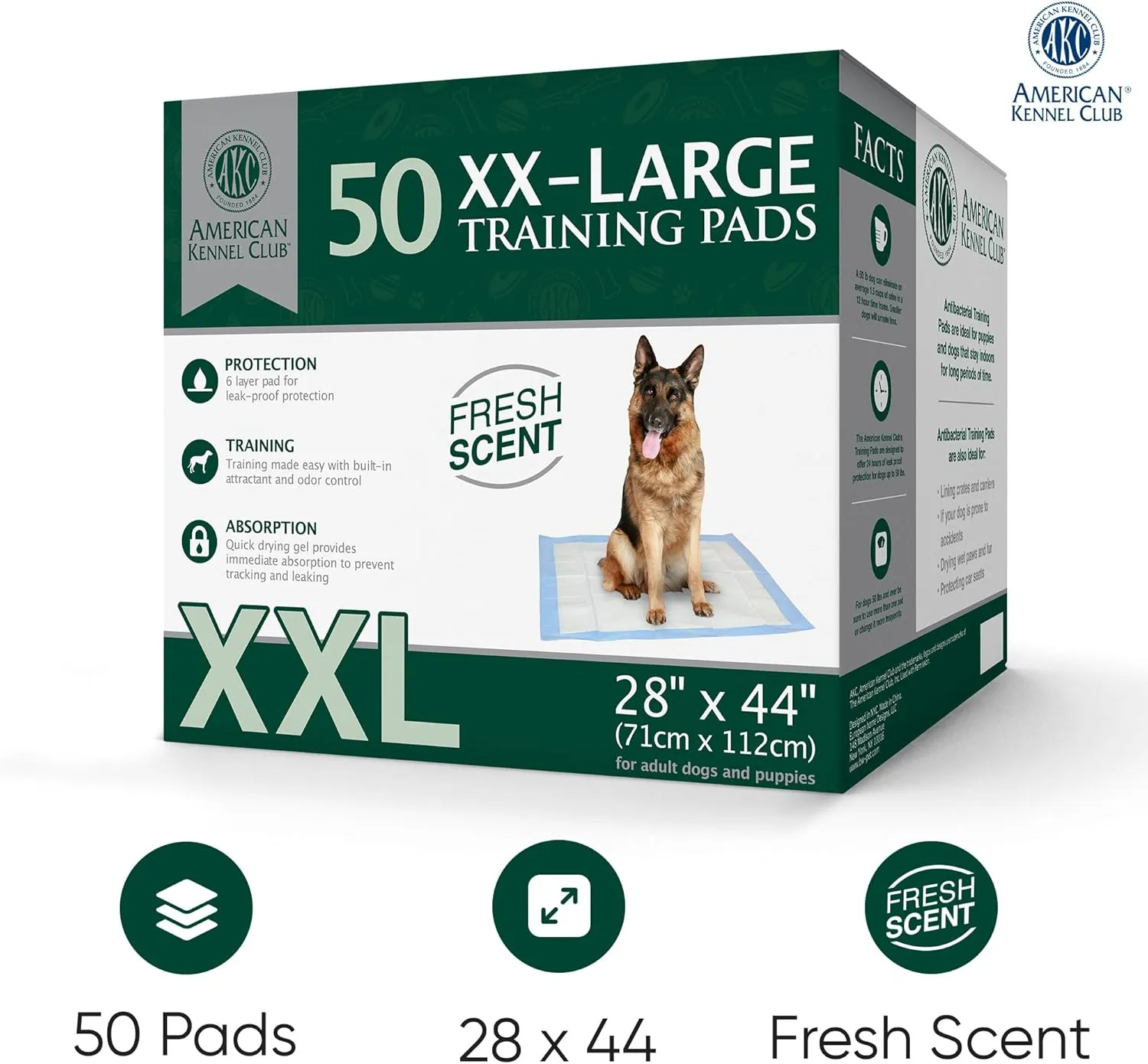 American Kennel Club Scented Puppy Pads  XXL & XXL  Sizes  28x44 Ultra Absorbent 6-Layer Pee Pads with Odor Control & Quick-Dry Gel  Fresh Scent  50 Count