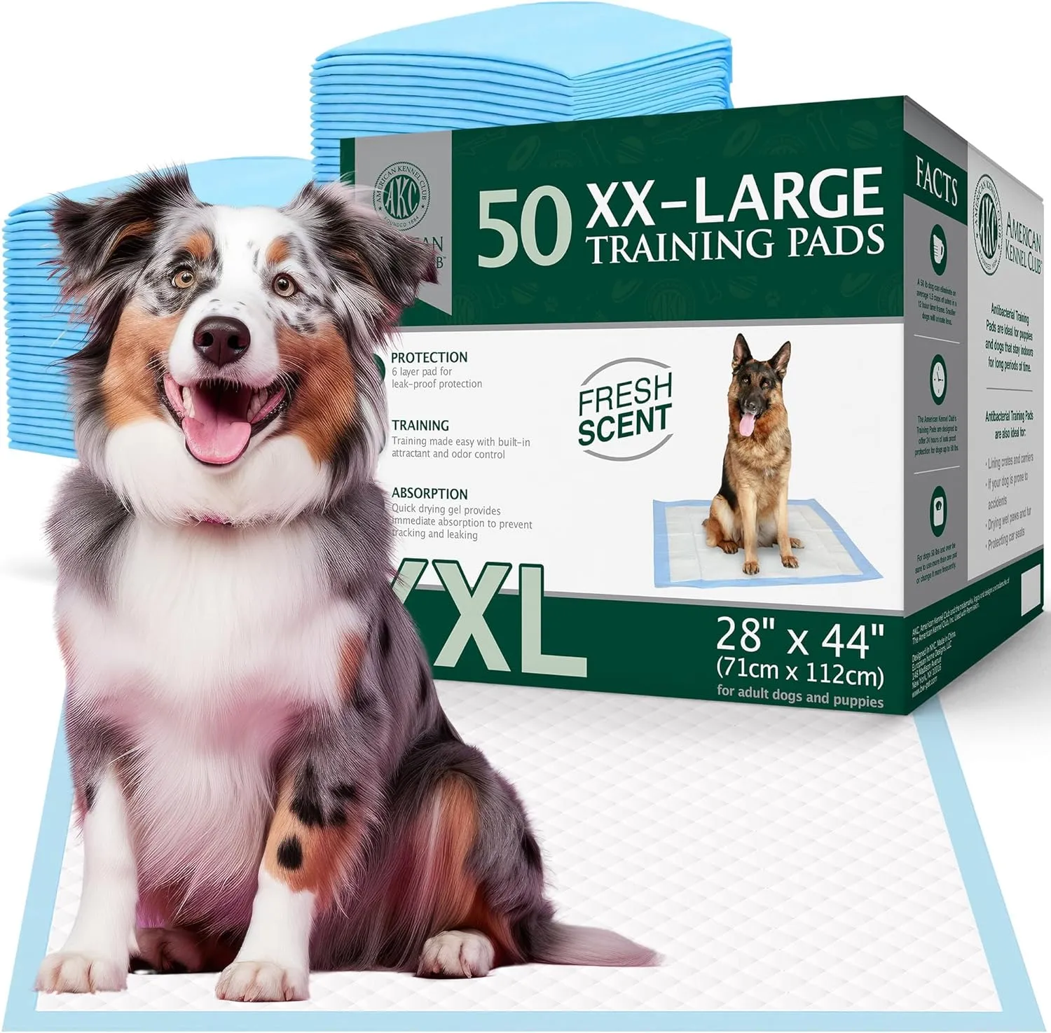 American Kennel Club Scented Puppy Pads  XXL & XXL  Sizes  28x44 Ultra Absorbent 6-Layer Pee Pads with Odor Control & Quick-Dry Gel  Fresh Scent  50 Count