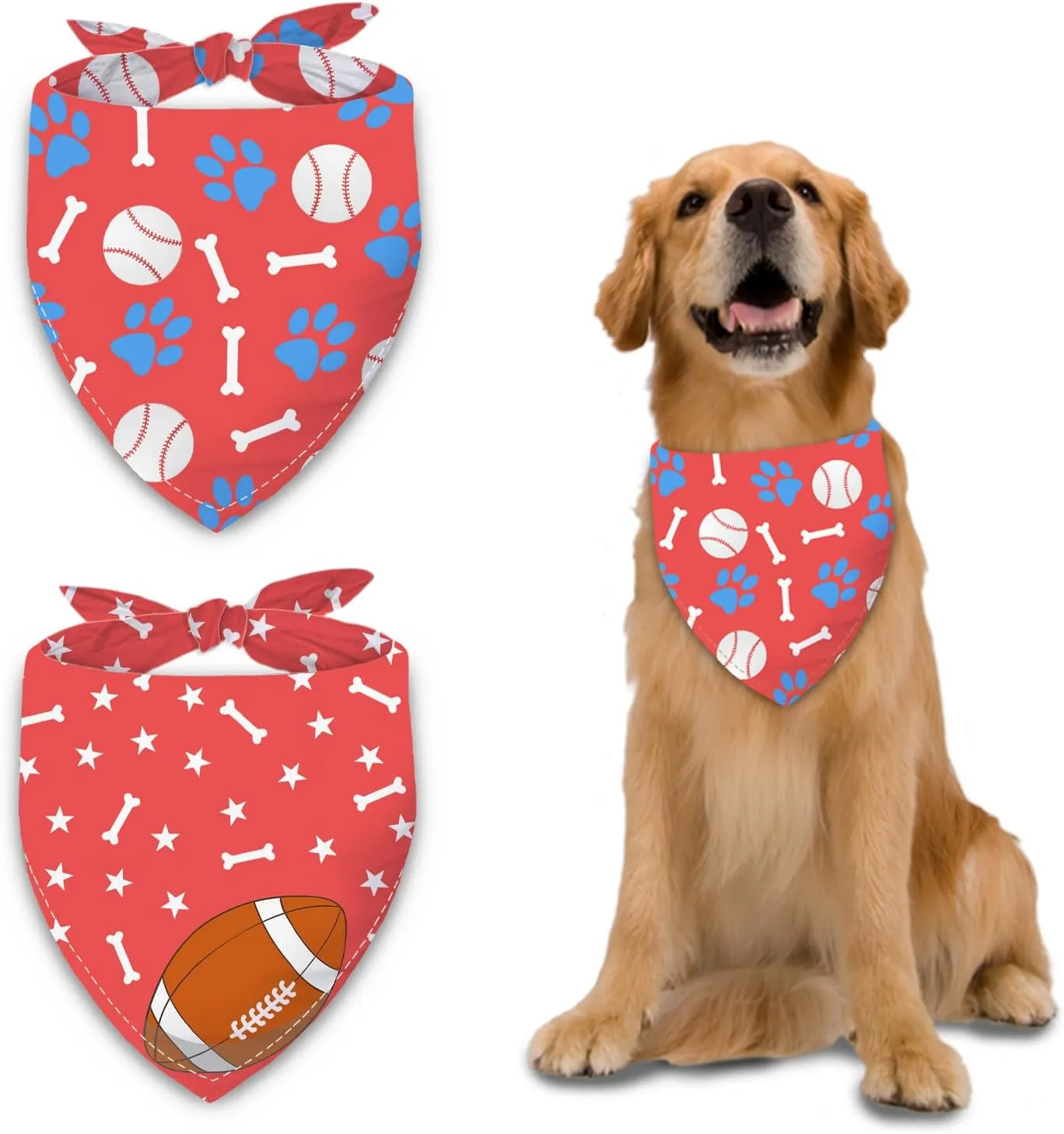 Baseball and Football Game Dog Bandanas 2 Pack,Red Pet Scarf for Boy and Girl,Thanksgiving Holiday Bandana for Small or Large or Extra Large Dogs (X-Large),Premium Durable Fabric