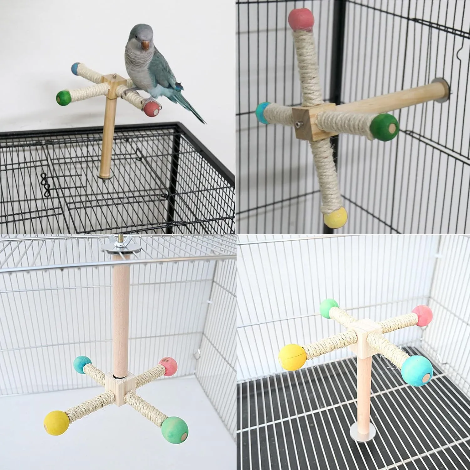 Bird Stand Perch Toy for Cage, 360 Rotating Interactive Bird Perch to Expend Energy Wooden Hanging Parrot Stand Parakeets Cage Accessories for Cockatiels Lovebirds Finches (10.39 "x 9.25" x 9.25 ")