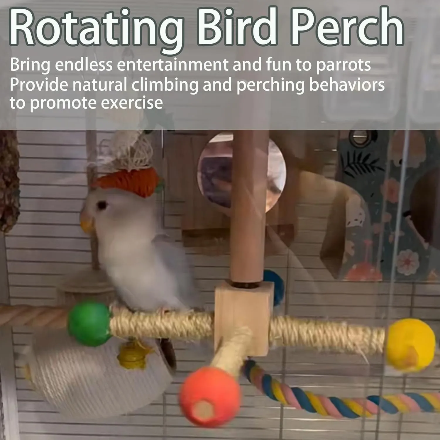 Bird Stand Perch Toy for Cage, 360 Rotating Interactive Bird Perch to Expend Energy Wooden Hanging Parrot Stand Parakeets Cage Accessories for Cockatiels Lovebirds Finches (10.39 "x 9.25" x 9.25 ")