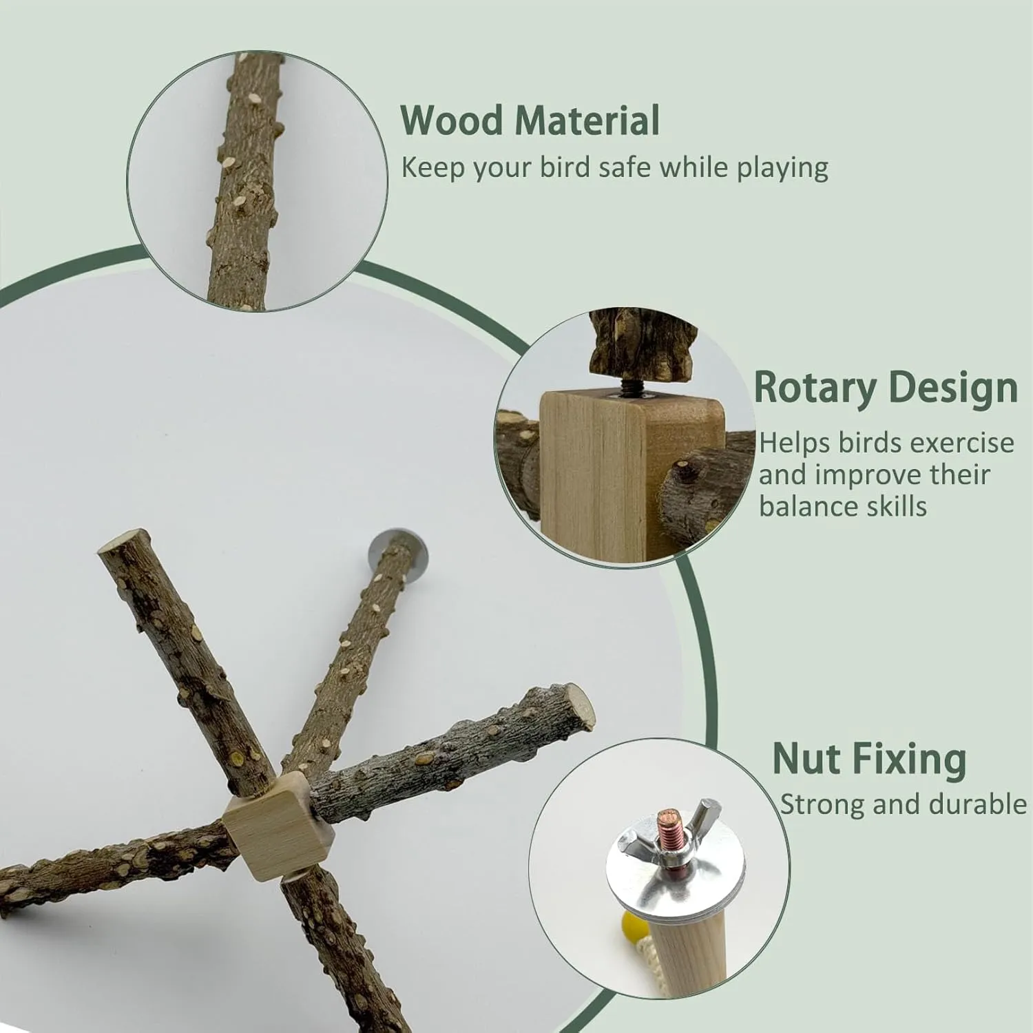 Bird Stand Perch Toy for Cage, 360 Rotating Interactive Bird Perch to Expend Energy Wooden Hanging Parrot Stand Parakeets Cage Accessories for Cockatiels Lovebirds Finches (10.39 "x 9.25" x 9.25 ")
