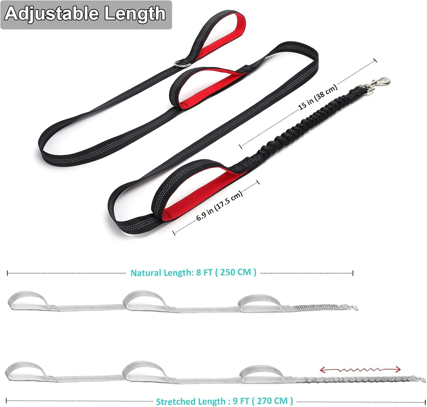 BTINESFUL 8ft Dog Leash with 3 Handles, Triple Handle, Reflective, Shork Absorbing Bungee, Control & Safety Training for Large Medium Dogs (Black)