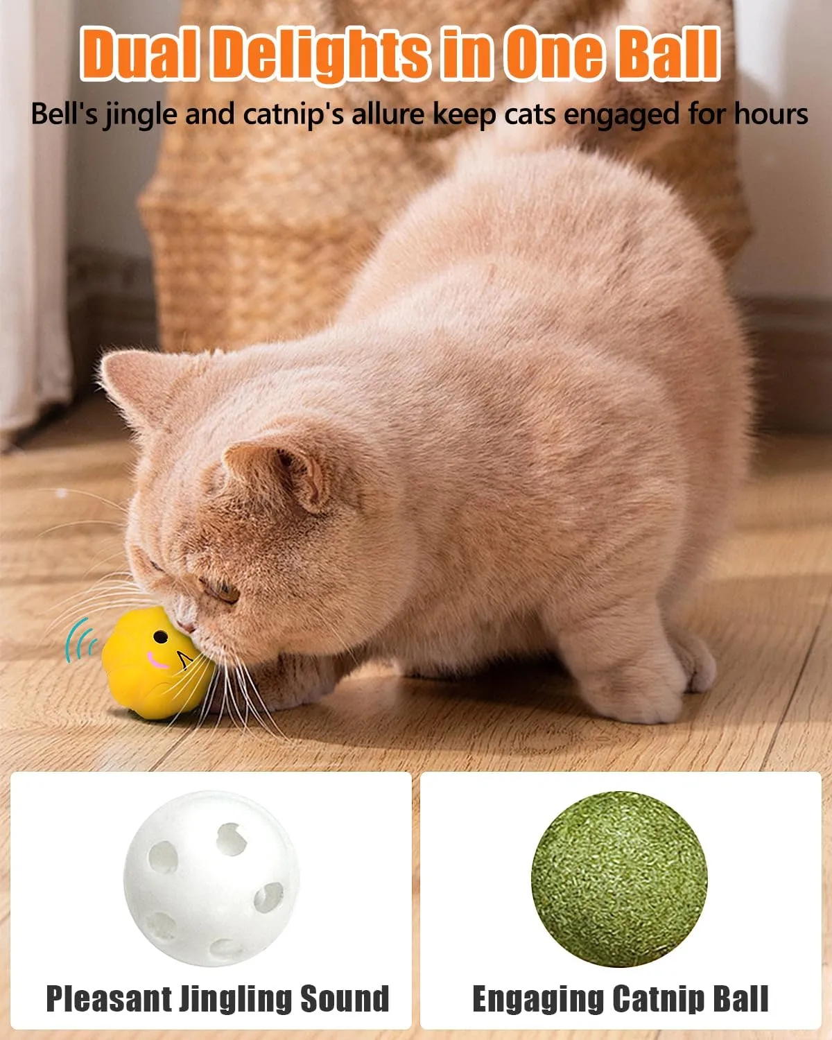 Cat Ball Toys with Bell and Catnip, 2 Bouncing Latex Rubber Pet Chew Toy Kitty Fetch Play Balls for Bored Indoor Adult Cats Kitten Puppy Small Dogs