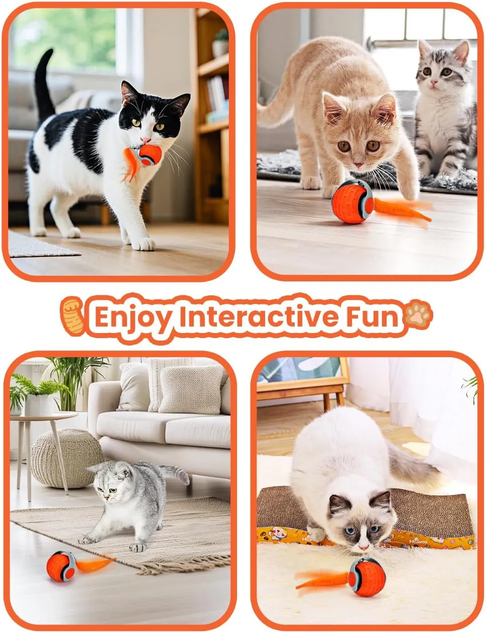 Cat Toy 3.0 Turbo Tail 2025 New Upgraded 300 mAh Pet Smart Chase Ball Interactive Cats Toy for Indoor Cats Smart Cat Ball Toy with 3 Replacement Tail (Orange, 1 Pcs)
