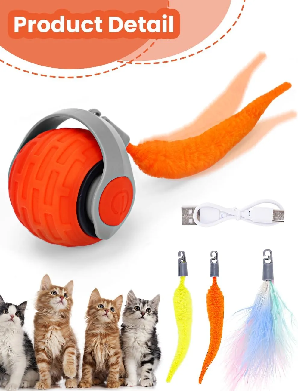 Cat Toy 3.0 Turbo Tail 2025 New Upgraded 300 mAh Pet Smart Chase Ball Interactive Cats Toy for Indoor Cats Smart Cat Ball Toy with 3 Replacement Tail (Orange, 1 Pcs)