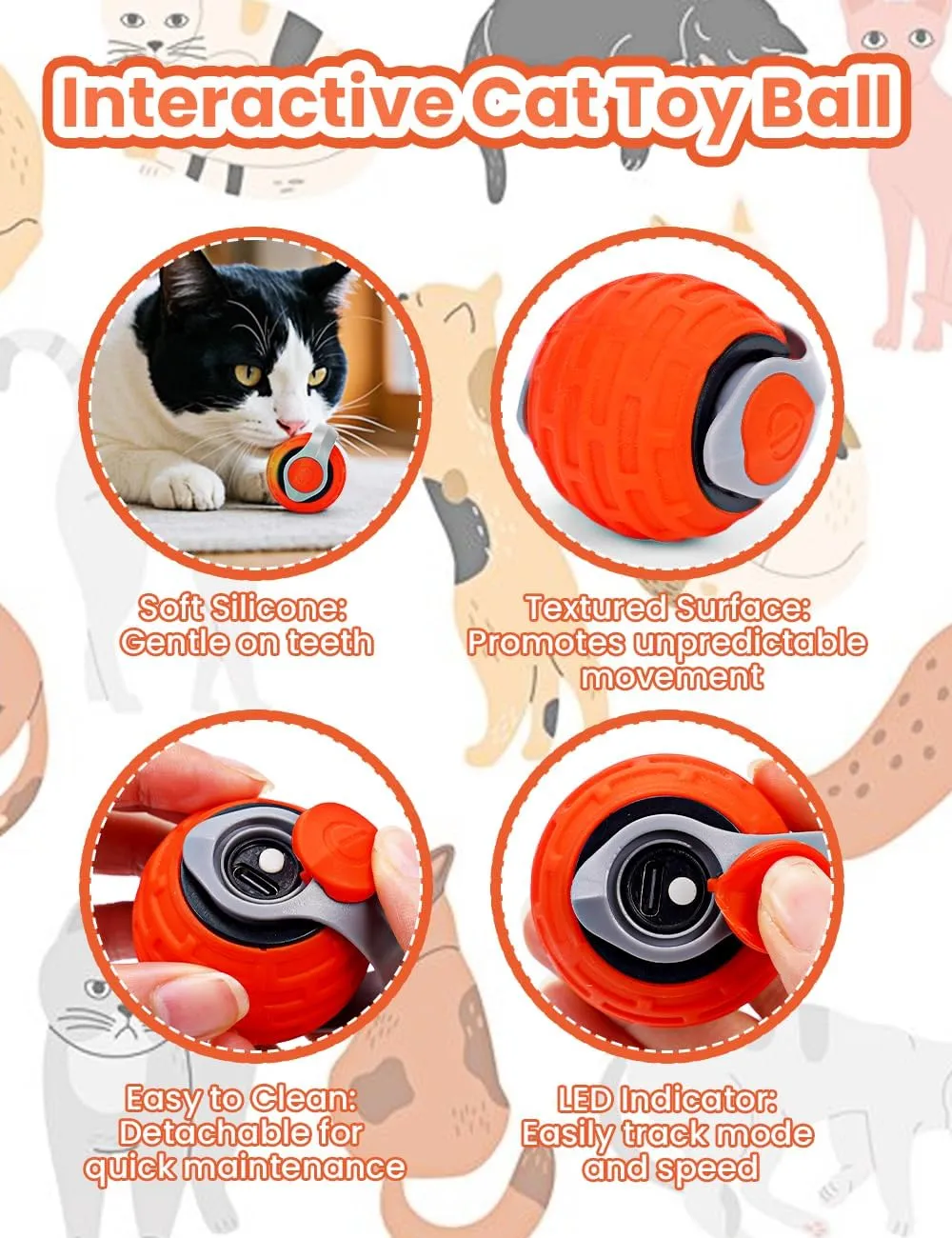 Cat Toy 3.0 Turbo Tail 2025 New Upgraded 300 mAh Pet Smart Chase Ball Interactive Cats Toy for Indoor Cats Smart Cat Ball Toy with 3 Replacement Tail (Orange, 1 Pcs)
