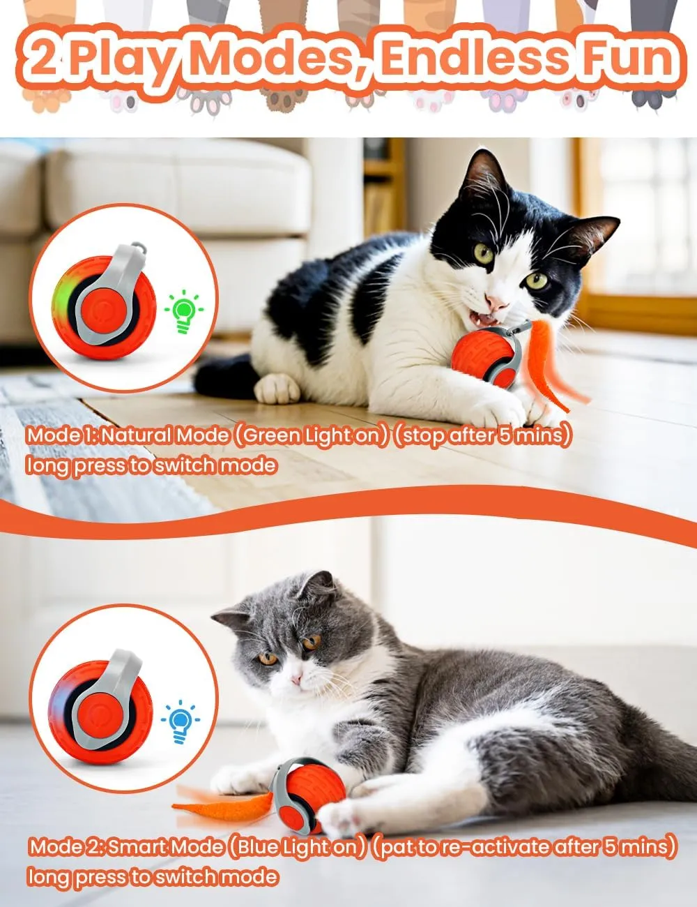 Cat Toy 3.0 Turbo Tail 2025 New Upgraded 300 mAh Pet Smart Chase Ball Interactive Cats Toy for Indoor Cats Smart Cat Ball Toy with 3 Replacement Tail (Orange, 1 Pcs)