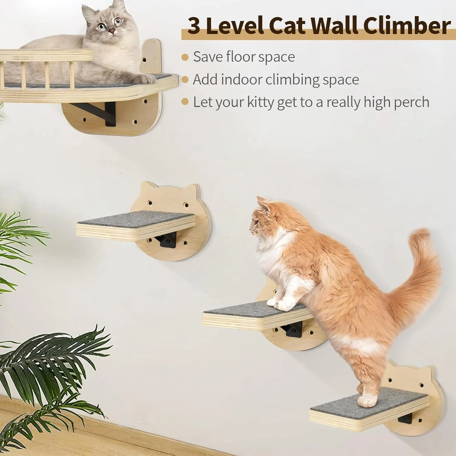 Cat Wall Shelves, Wood Cat Shelves and Perches with 3 Wall Steps Furniture Scratch Post, Burlywood Indoor Climbing Shelf for Living Room, Bedroom