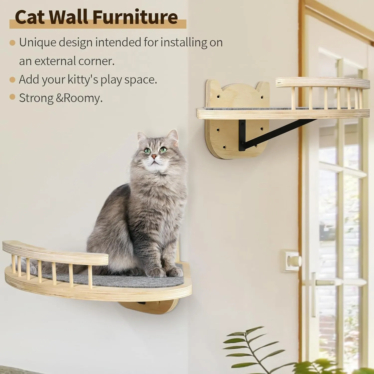 Cat Wall Shelves, Wood Cat Shelves and Perches with 3 Wall Steps Furniture Scratch Post, Burlywood Indoor Climbing Shelf for Living Room, Bedroom