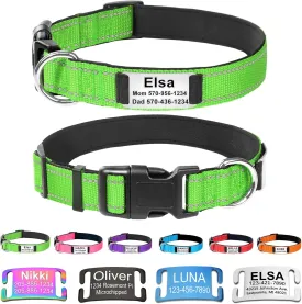 Custom Dog Collars with Name Plate, Engraved Name Plate ID Tags with Reflective Nylon Dog Collar,Soft Neoprene Padded Adjustable Pet Collar for Small Medium Large Dogs,S Green