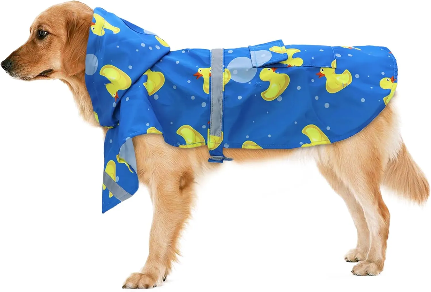 DELIFUR Large Dog Raincoat- Waterproof Dog Rain Poncho Adjustable Double Layer Rain Jacket with Hood for Medium Large Dogs Designed with Leash Hole Reflective Strip and Ducks (Blue Duck, Medium)