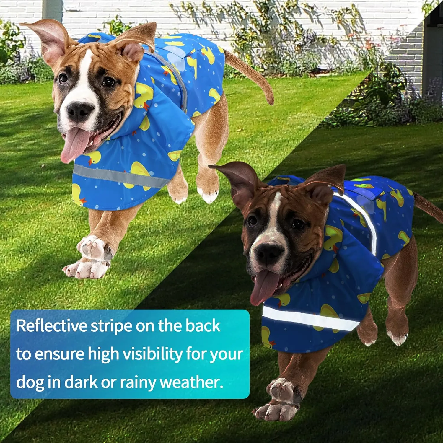 DELIFUR Large Dog Raincoat- Waterproof Dog Rain Poncho Adjustable Double Layer Rain Jacket with Hood for Medium Large Dogs Designed with Leash Hole Reflective Strip and Ducks (Blue Duck, Medium)