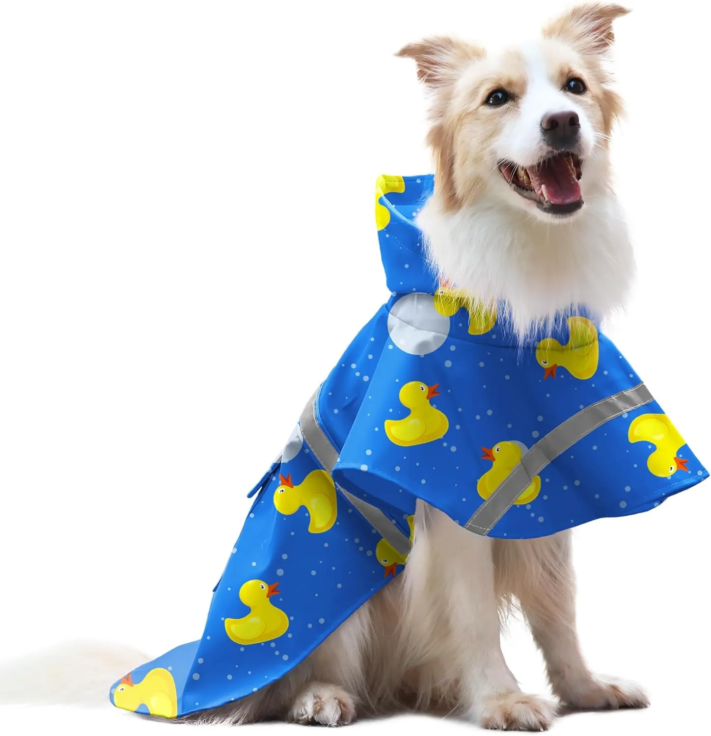 DELIFUR Large Dog Raincoat- Waterproof Dog Rain Poncho Adjustable Double Layer Rain Jacket with Hood for Medium Large Dogs Designed with Leash Hole Reflective Strip and Ducks (Blue Duck, Medium)