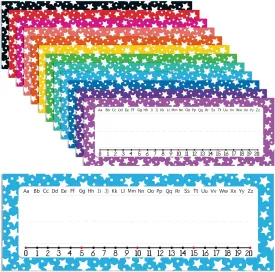 Demissle 48 Pcs Classroom Nameplates 12 Colors Desk Name Plate Tags with Double Sided FilmDots Star Erasable Reusable Namelabels School Classroom Decoration, 11.02x3.94 Inch (Rainbow Color,Star)