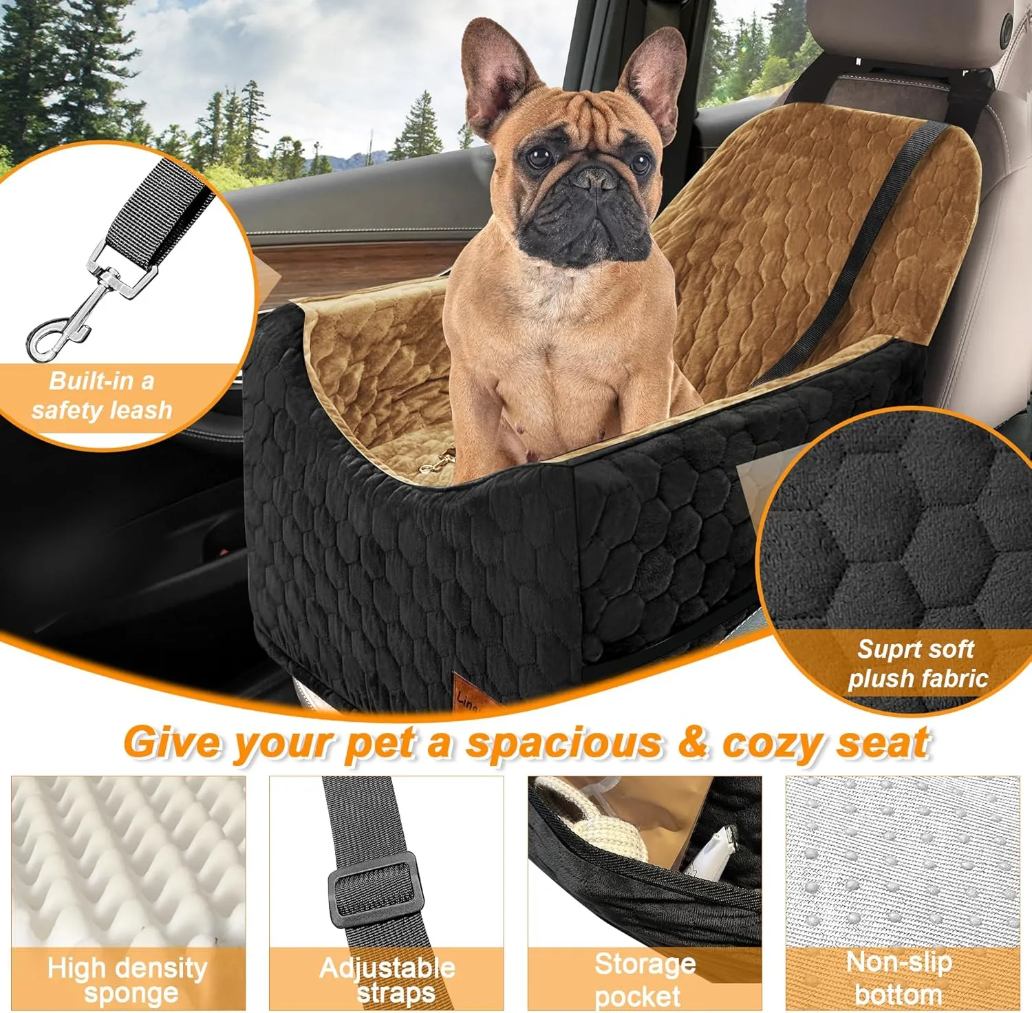 Dog Car Seat for Small/Medium Dogs, Memory Foam Dog Booster Seat, Travel Safety Per Car Seat with Washable Removable Cover, Storage Pockets, Elevated Dog Car Bed for Dogs up to 35 lbs(BlackBrown)