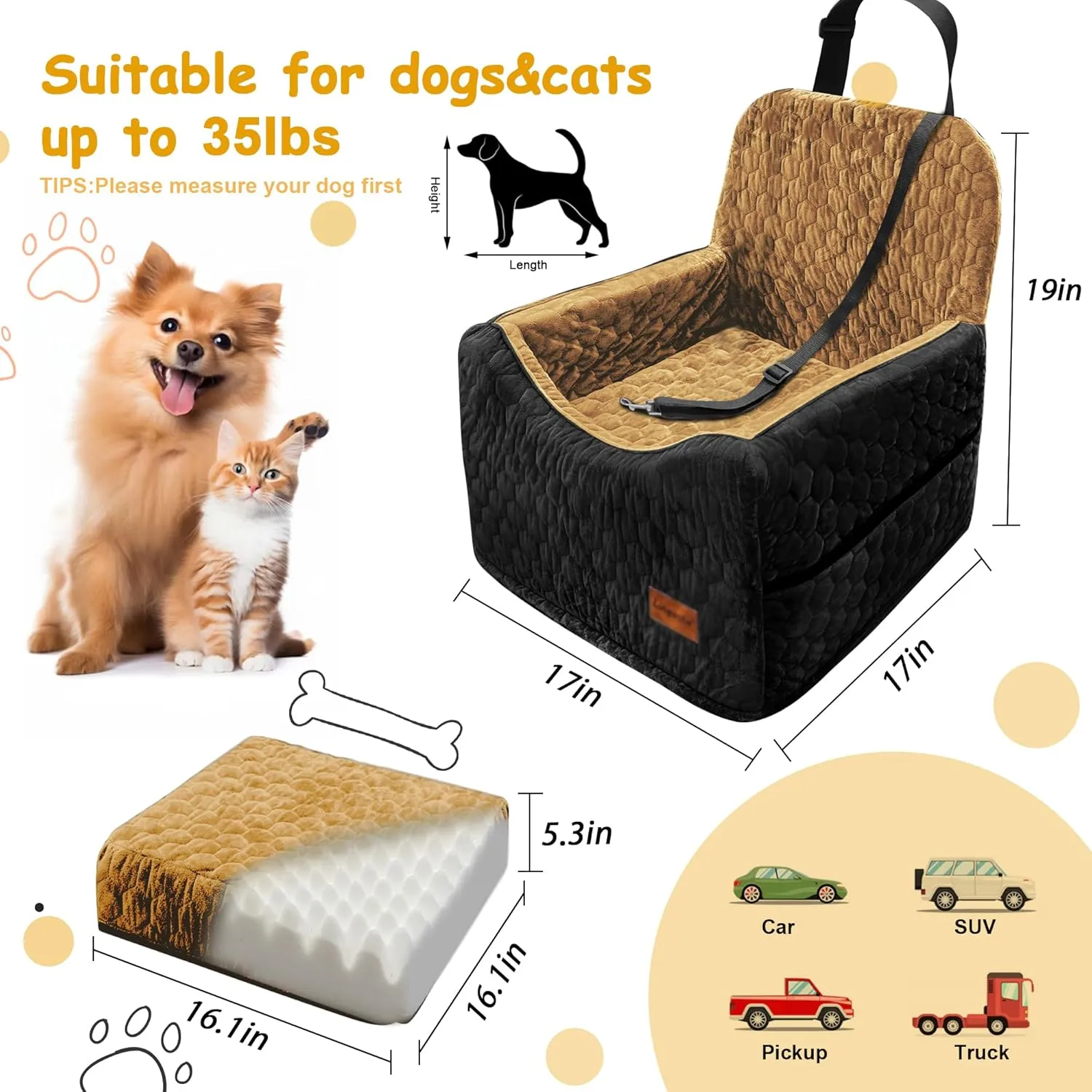 Dog Car Seat for Small/Medium Dogs, Memory Foam Dog Booster Seat, Travel Safety Per Car Seat with Washable Removable Cover, Storage Pockets, Elevated Dog Car Bed for Dogs up to 35 lbs(BlackBrown)