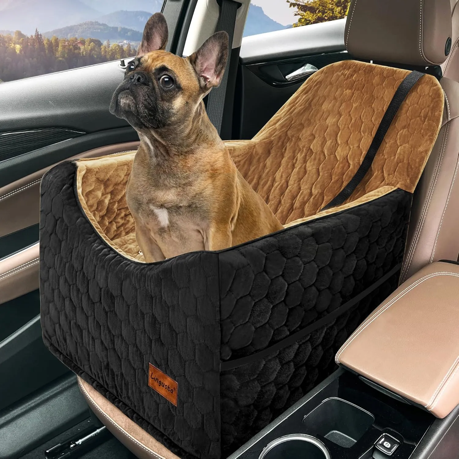Dog Car Seat for Small/Medium Dogs, Memory Foam Dog Booster Seat, Travel Safety Per Car Seat with Washable Removable Cover, Storage Pockets, Elevated Dog Car Bed for Dogs up to 35 lbs(BlackBrown)