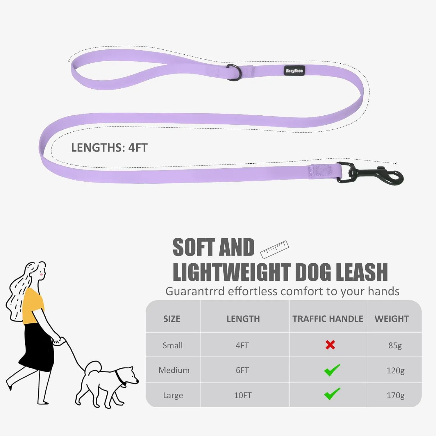 Dog Leash with Electroplated Black Hardware, Lightweight Dog Leash Easy to Clean, 4FT Purple Waterproof Dog Leash Coated with Durable and Odor Free Material for Small and Medium Dogs