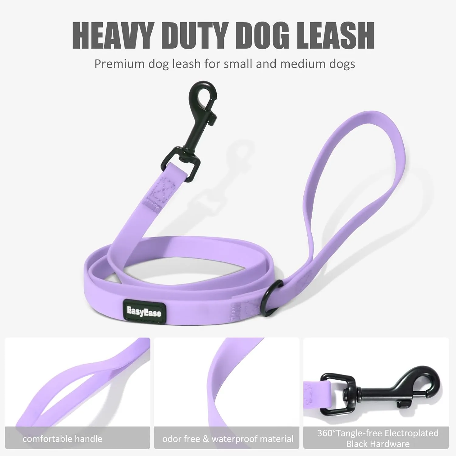 Dog Leash with Electroplated Black Hardware, Lightweight Dog Leash Easy to Clean, 4FT Purple Waterproof Dog Leash Coated with Durable and Odor Free Material for Small and Medium Dogs