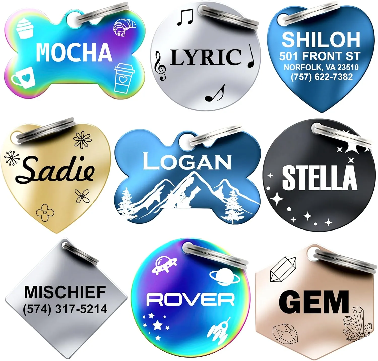 Dr. Fremont's Stainless Steel Custom Pet ID Personalized Engraved Identification Cat and Dog Tags with Custom Text, Many Shapes Including Bone, Heart, Circle (Rainbow Stainless Steel, Small Heart)