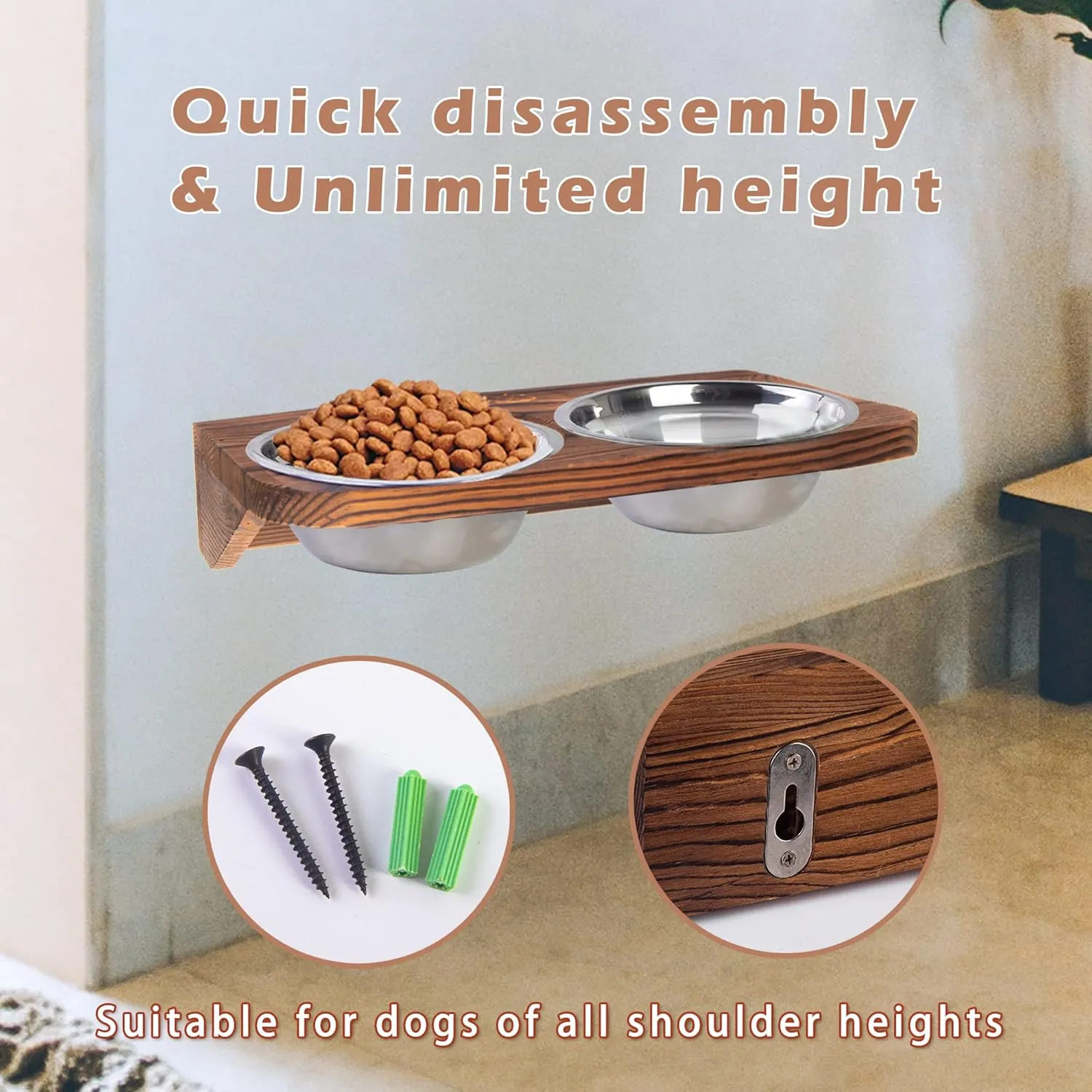 Elevated Dog Bowl Stand Mounted Elevated Pet Feeder Includes 2 Stainless Steel, Adjustable Dog Bowls for Medium-Large Dogs 44 Oz