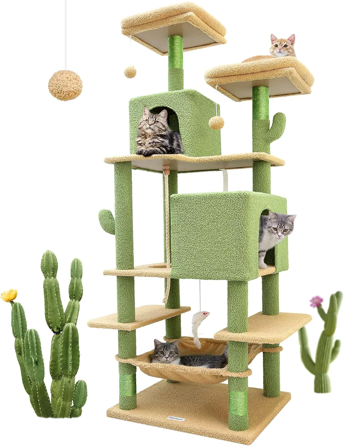 F76 Cactus Cat Tree Tower 76-Inch Extra Tall Multi-Level Cat Furniture with Cozy Condos,Interactive Toys and Perches for Large Cats, Perfect for Climbing, Scratching, and Play, Green