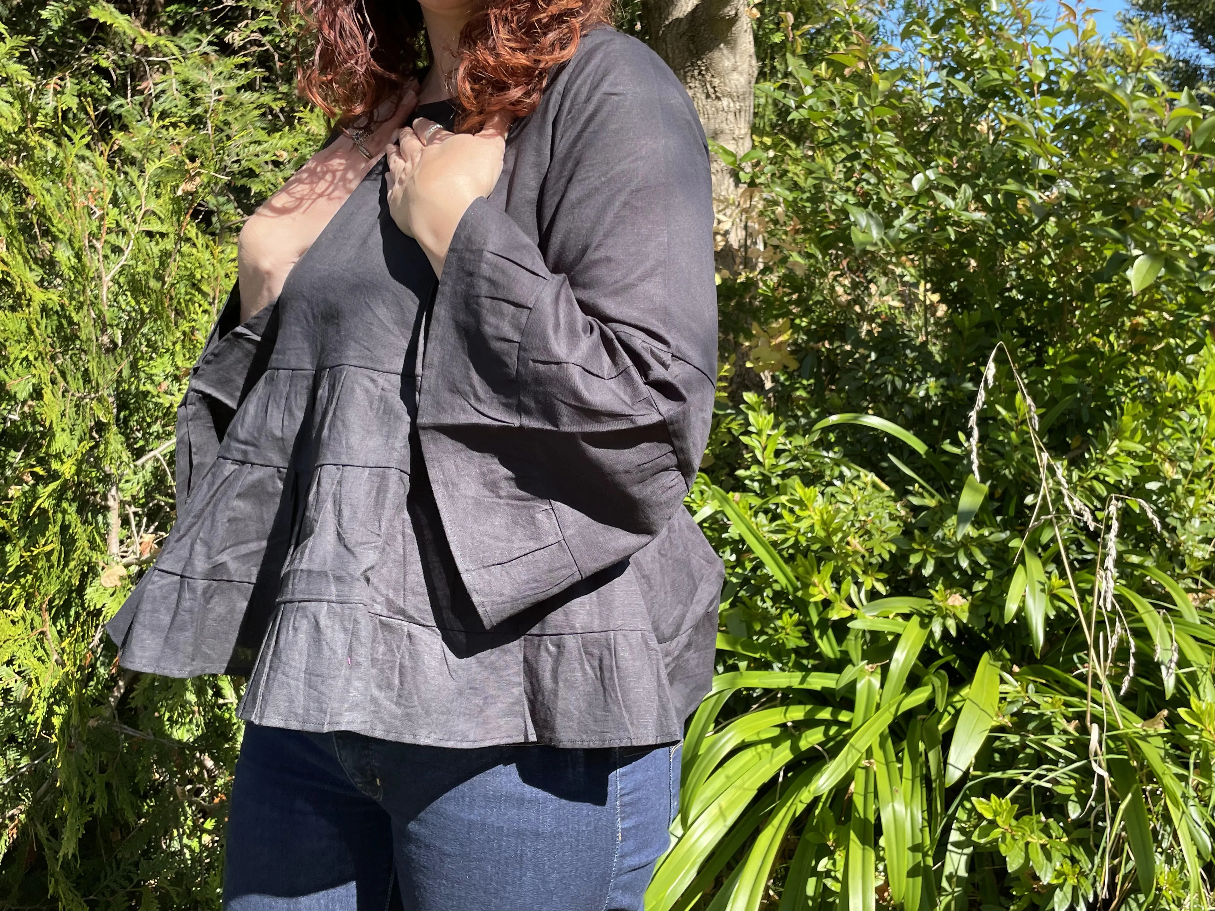 Fair Trade Linen Bell Sleeve Tiered Top - Black