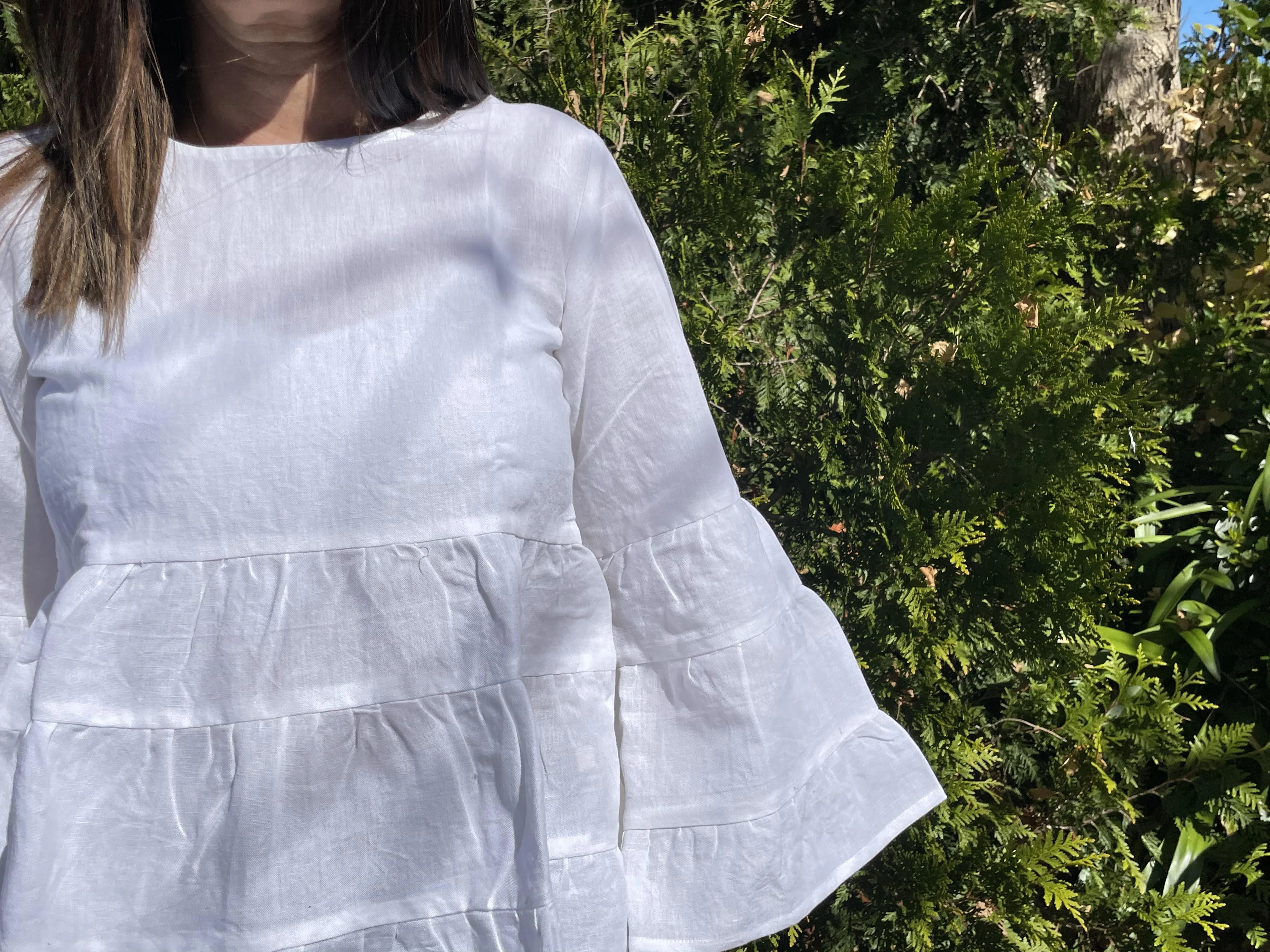 Fair Trade Linen Bell Sleeve Tiered Top- White