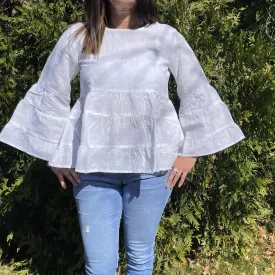 Fair Trade Linen Bell Sleeve Tiered Top- White