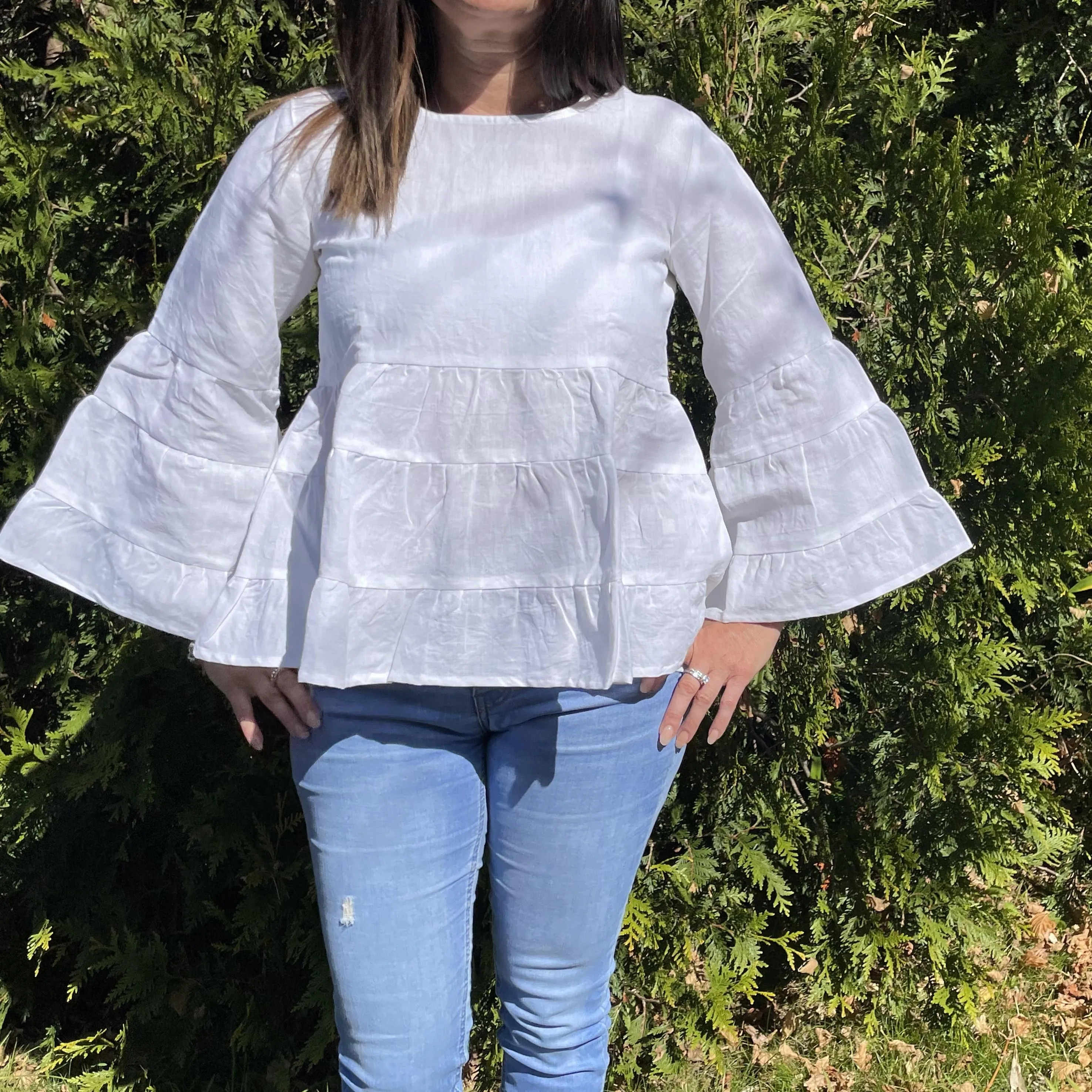Fair Trade Linen Bell Sleeve Tiered Top- White