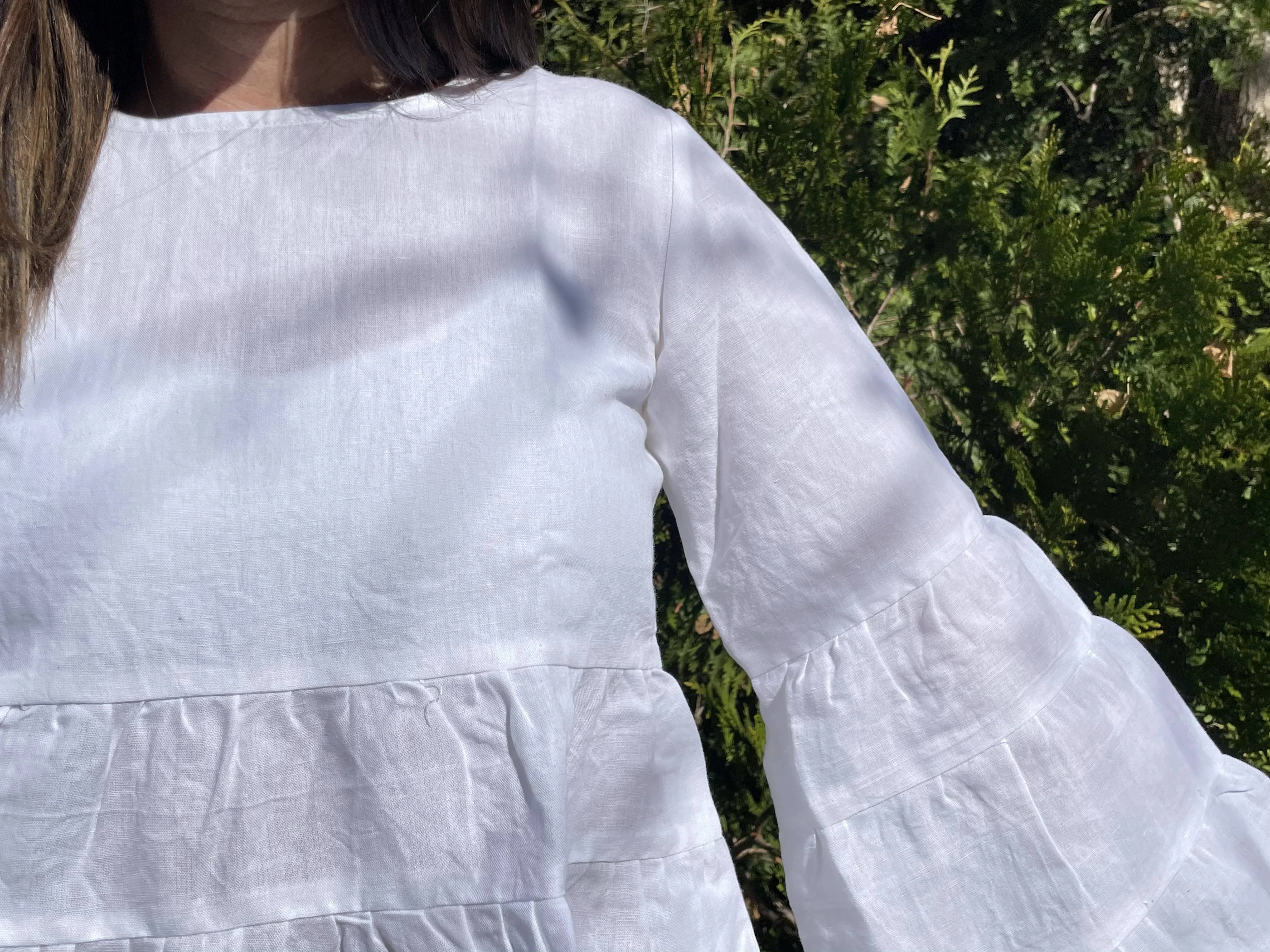 Fair Trade Linen Bell Sleeve Tiered Top- White