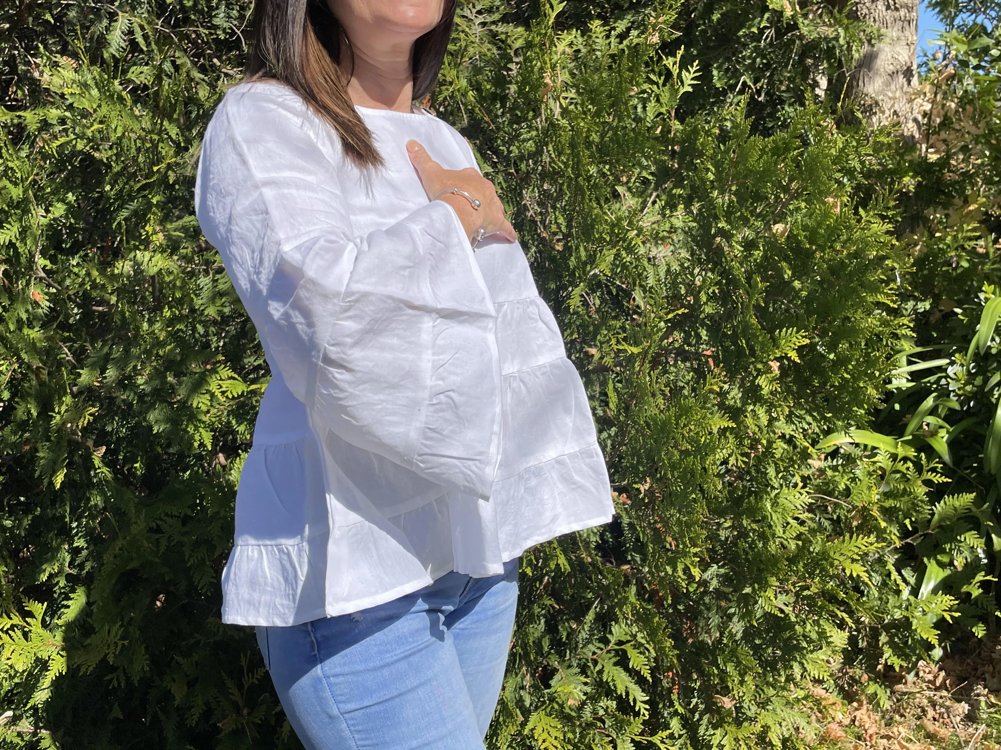 Fair Trade Linen Bell Sleeve Tiered Top- White