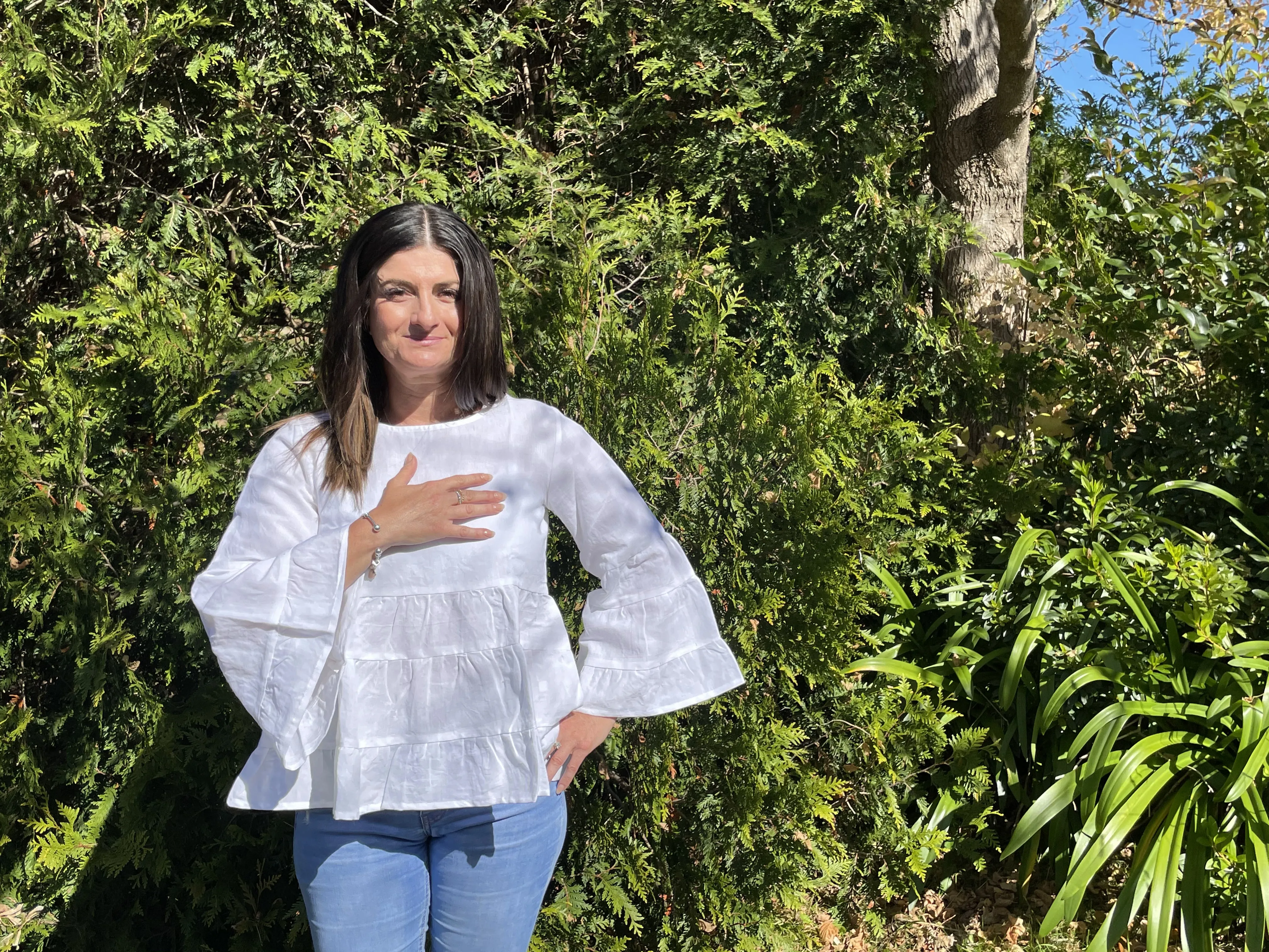 Fair Trade Linen Bell Sleeve Tiered Top- White