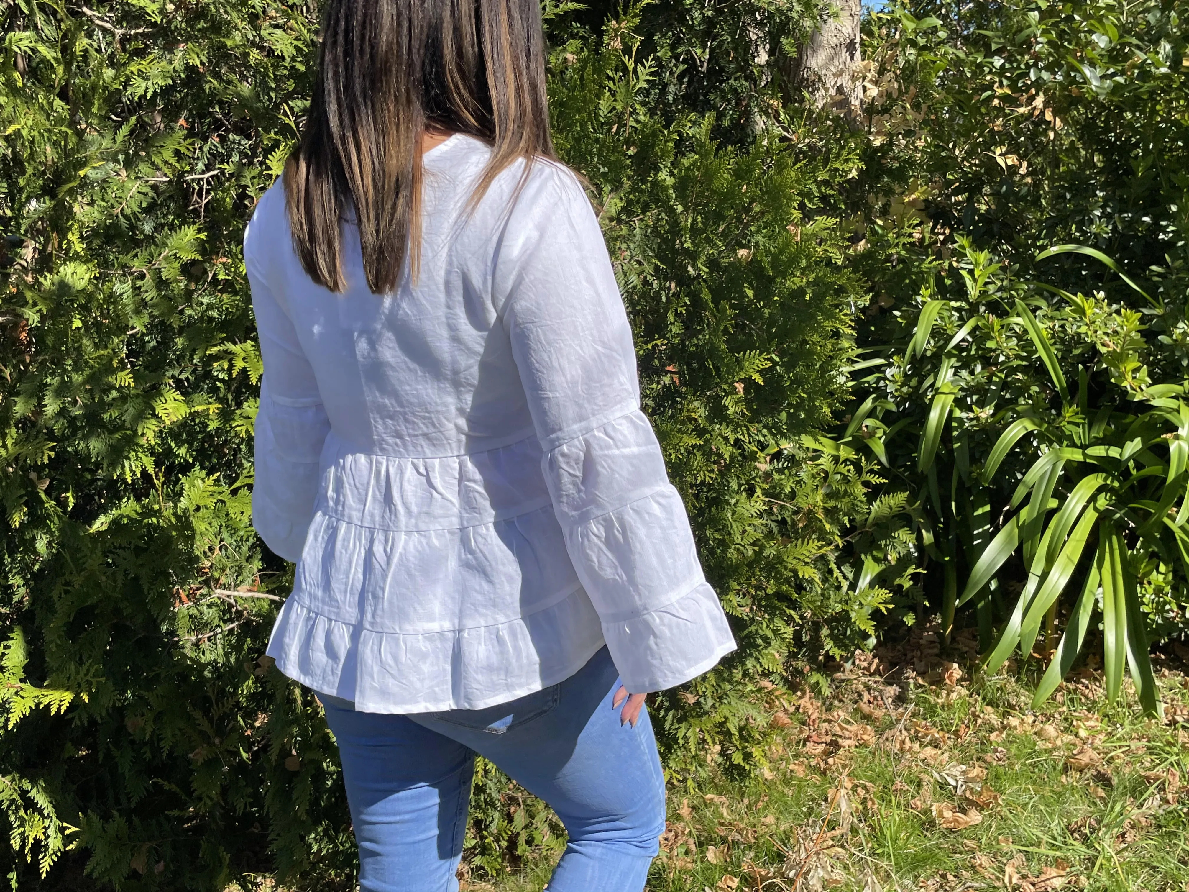 Fair Trade Linen Bell Sleeve Tiered Top- White