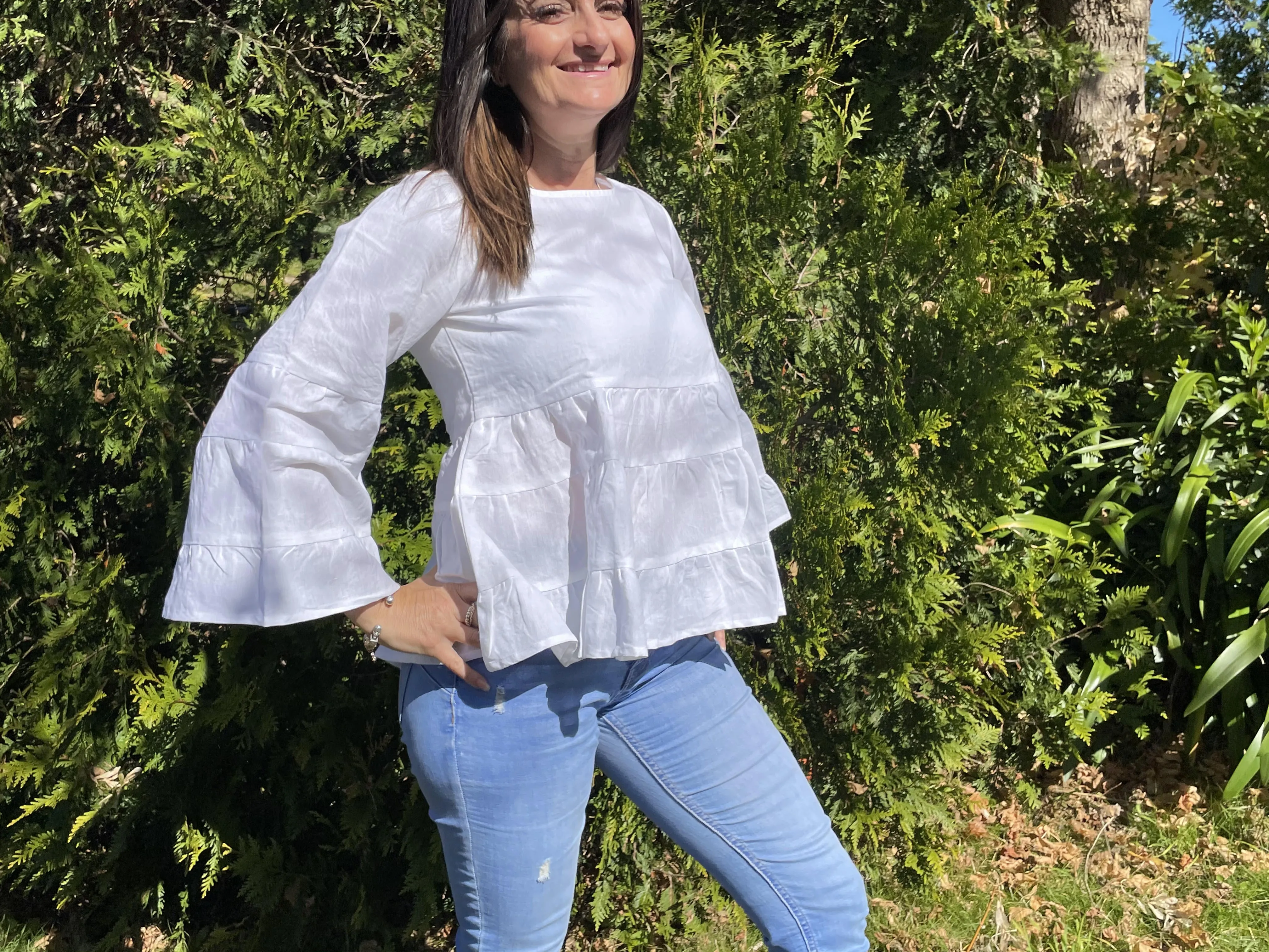 Fair Trade Linen Bell Sleeve Tiered Top- White