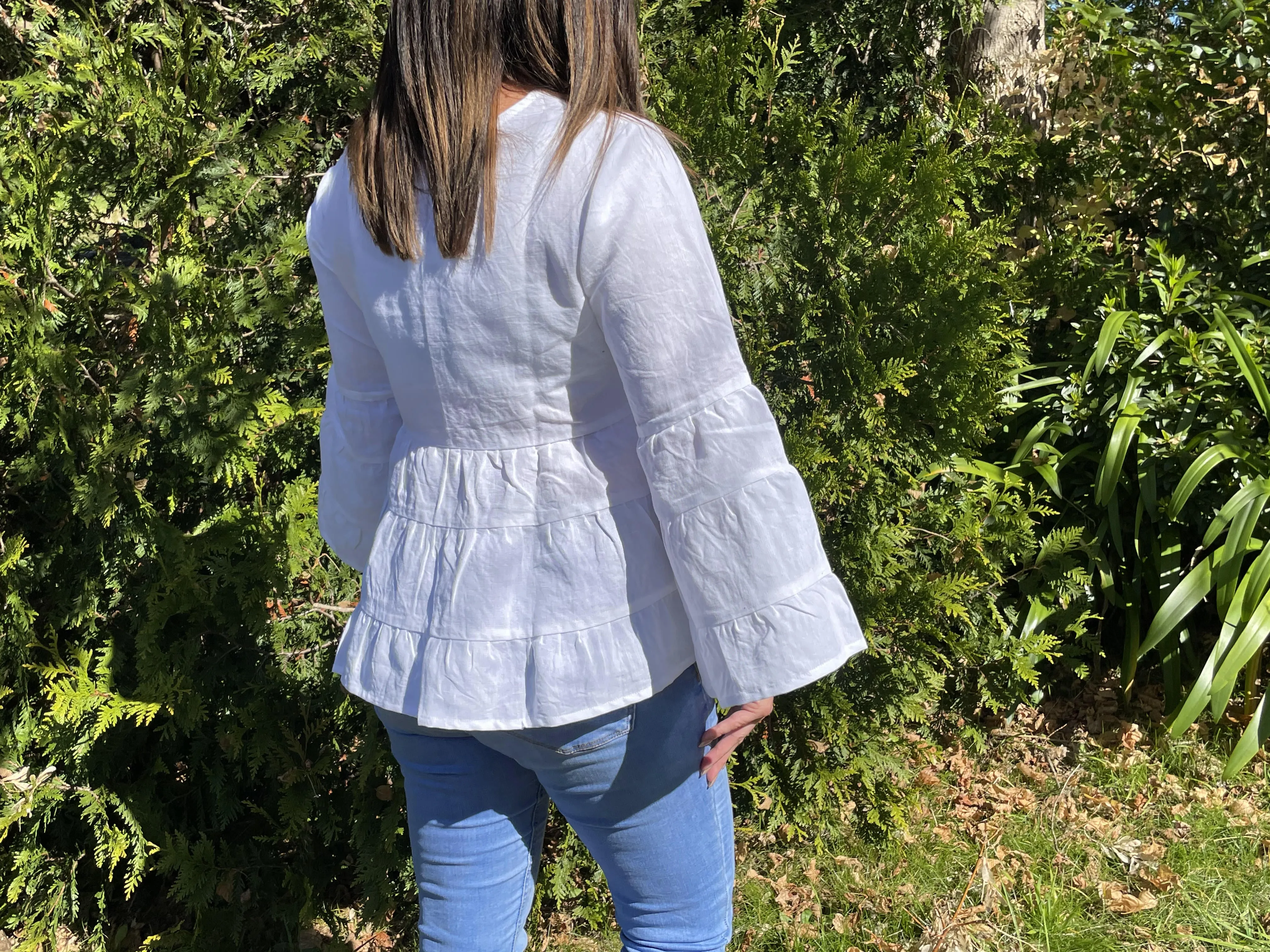 Fair Trade Linen Bell Sleeve Tiered Top- White