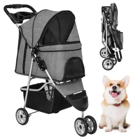 FDW 3 Wheels Pet Stroller Folding Dog Cat Jogger Stroller with Storage Basket &Cup Holder Portable Lightweight Travel Carrier, Grey